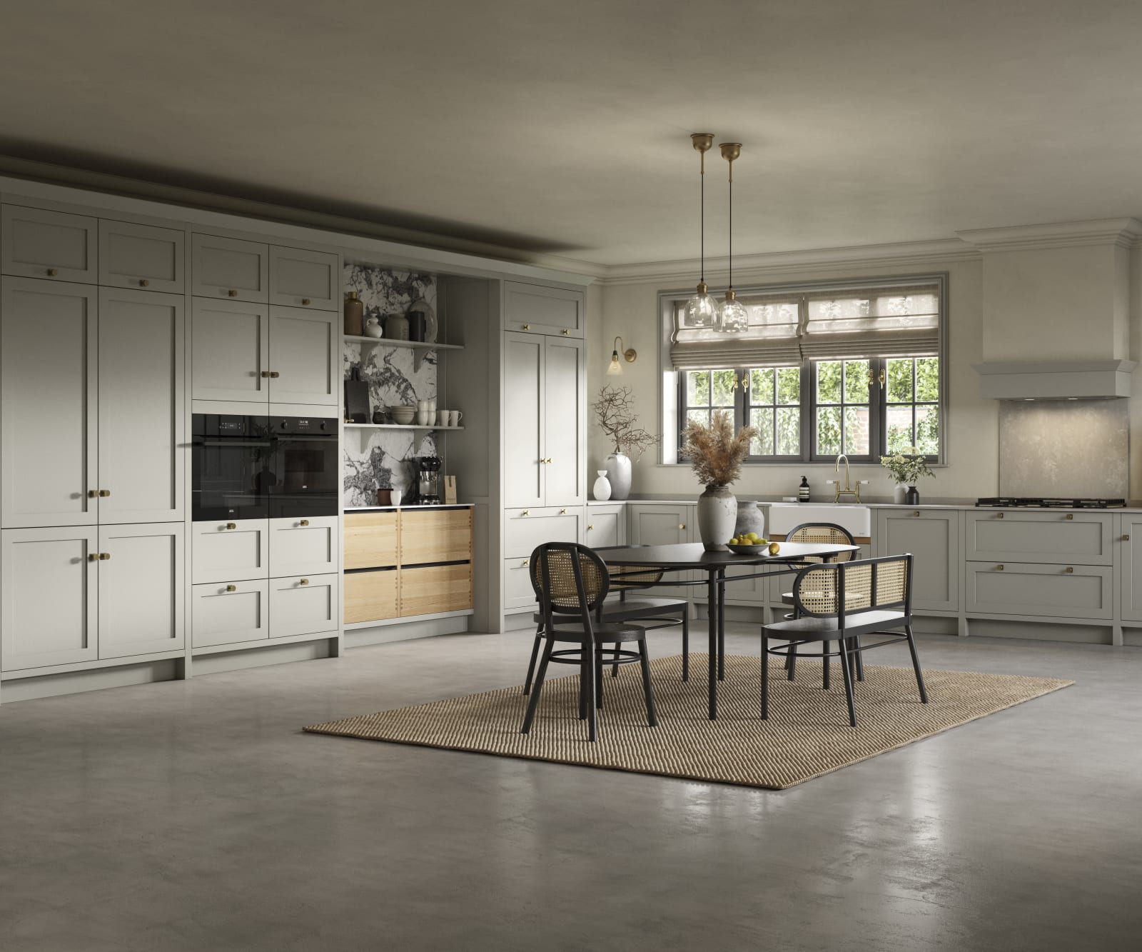 A neutral Shaker kitchen with Pebble and Nordic Craft cabinetry.