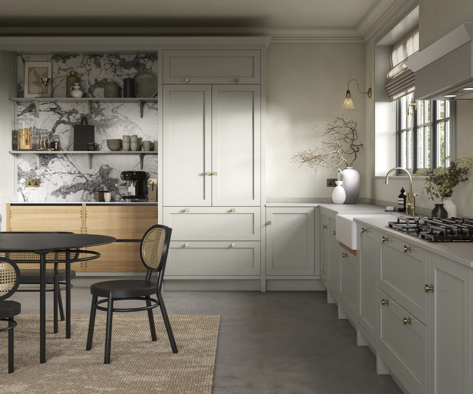 A neutral Shaker kitchen with Pebble and Nordic Craft cabinetry.