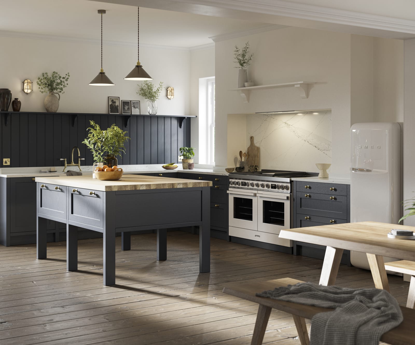 View of full shaker kitchen, dark blue cabinetry in shade Midnight, decorated with plants and framed photos.