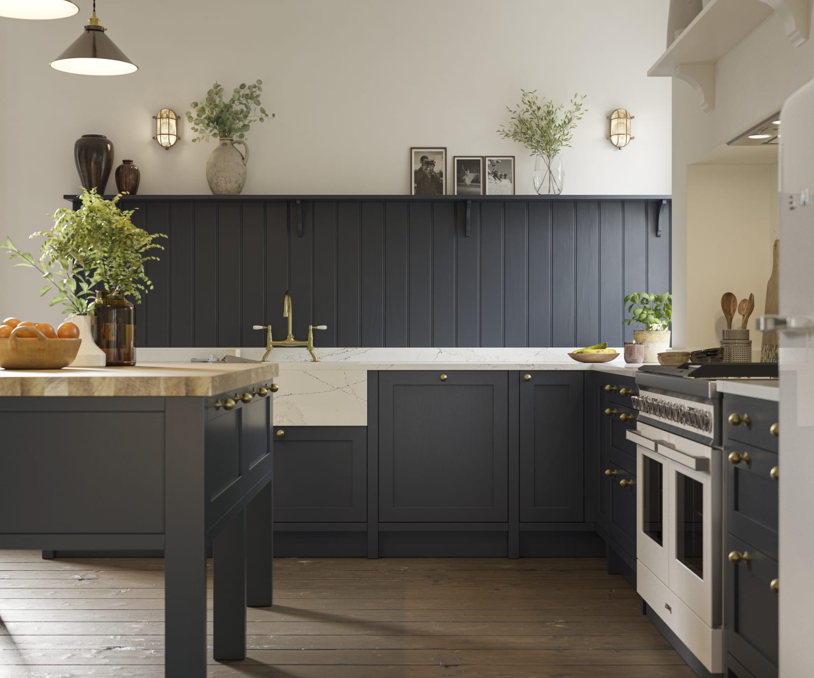 Open floorplan shaker kitchen in the dark blue shade Midnight, with a kitchen island and matching blue painted wood wall panel.