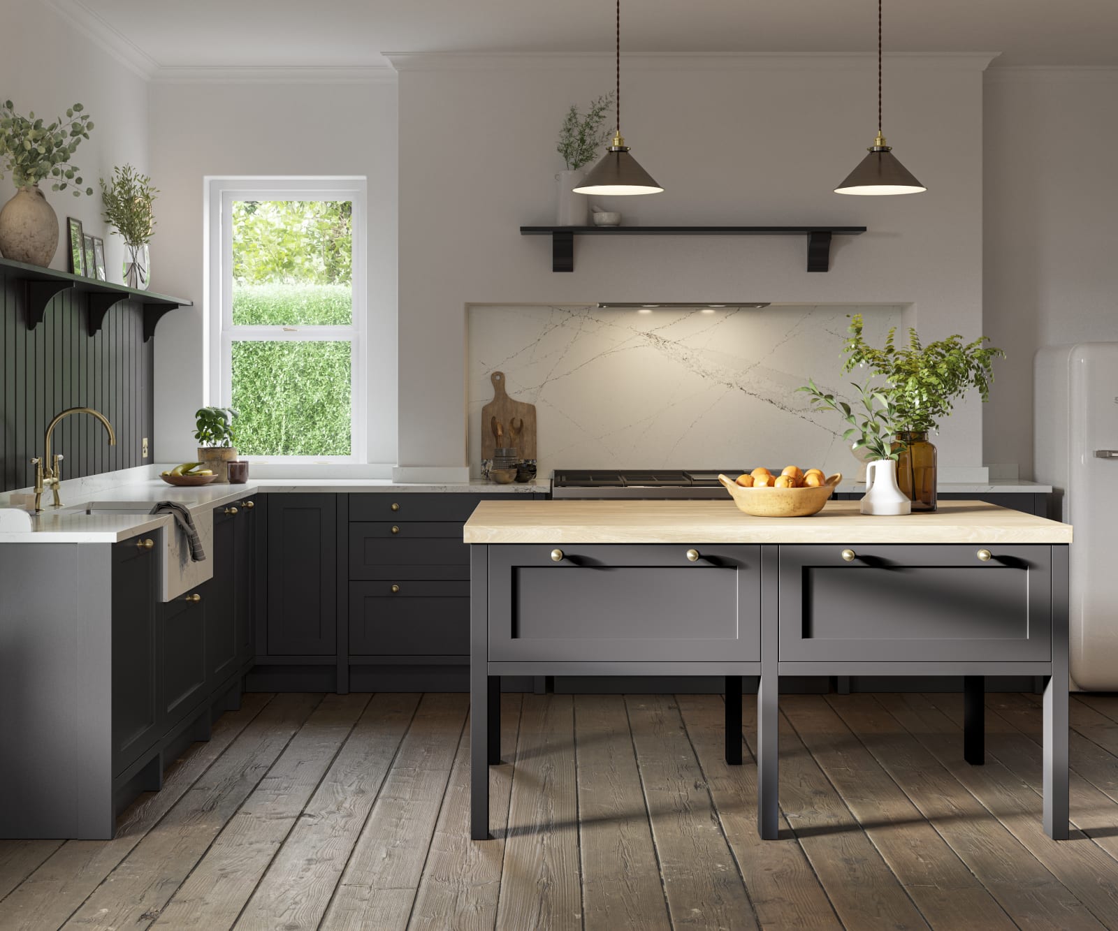 A dark grey Shaker kitchen with Charcoals cabinetry, with a kitchen island covered with a wooden worktop.