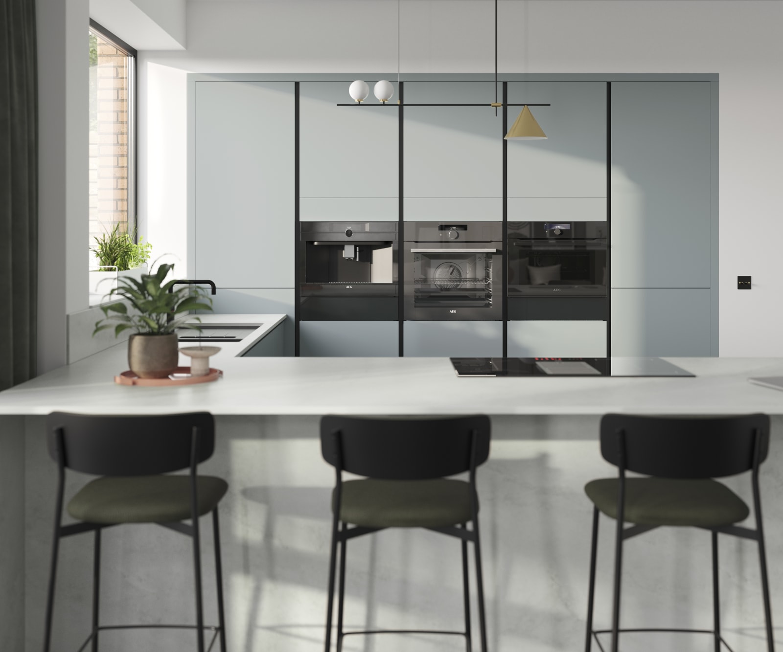 Integra Sky is a light blue frameless slab door with integrated handles in a smooth paint finish.