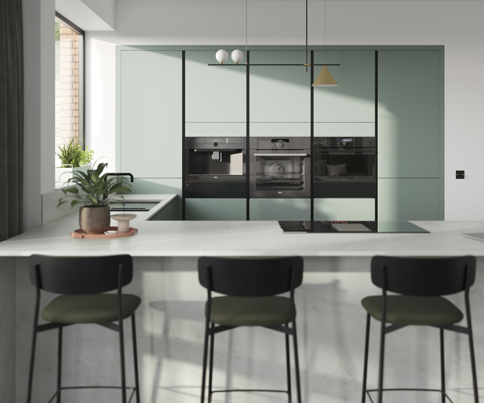 Integra Soho Morris Blue is a frameless slab door with integrated handles in a smooth paint finish.