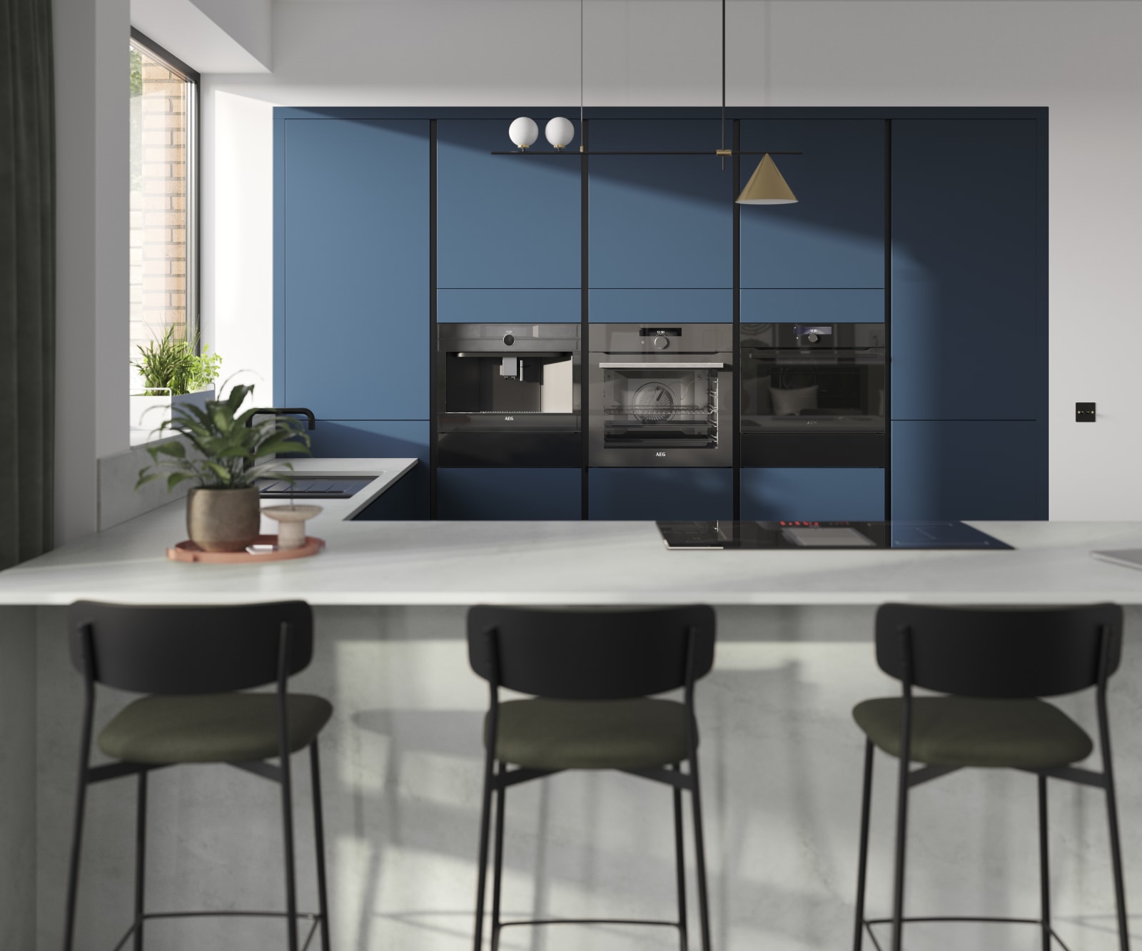 Integra Soho Voyage Blue is a frameless slab door with integrated handles in a smooth paint finish.