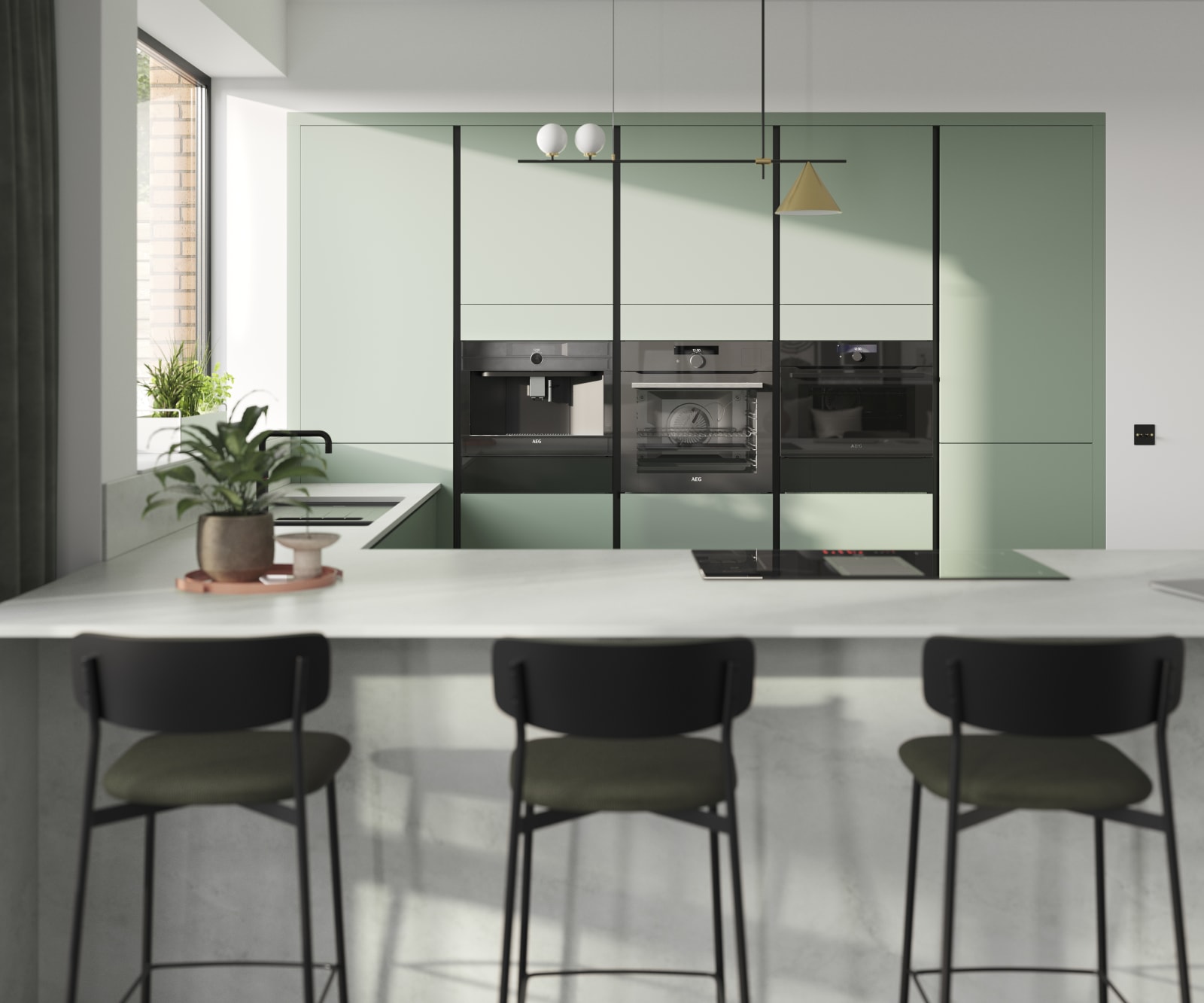 Integra Soho Eucalyptus green is a frameless slab door with integrated handles in a smooth paint finish.