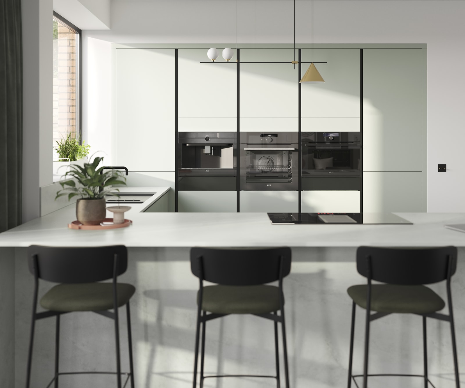 Integra Seagrass is a frameless slab door with integrated handles in a smooth paint finish.