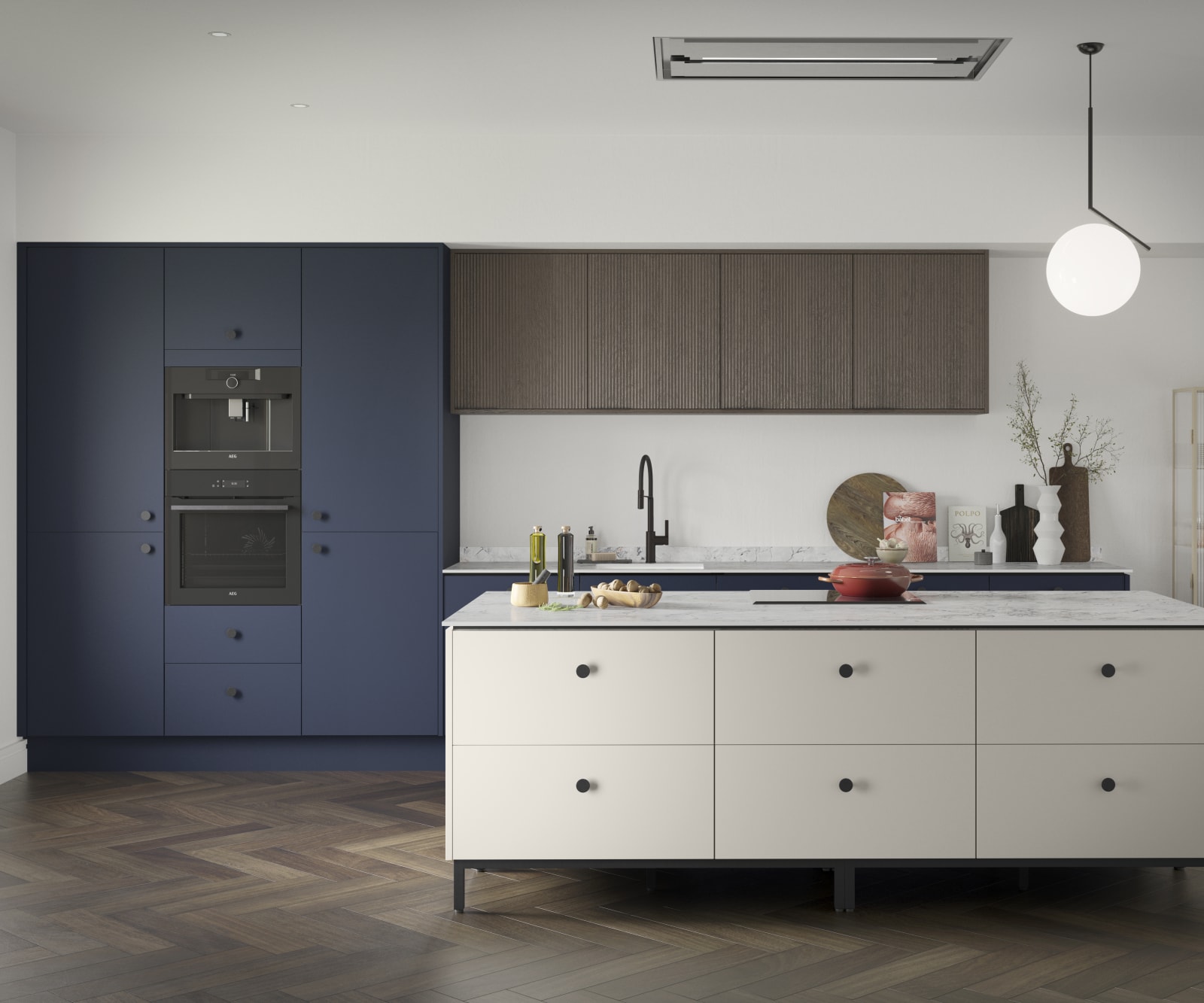 Soho Midnight kitchen with fluted wood Nordic Nature wall cabinets and Soho Dove grey kitchen island, a premium painted slab front.