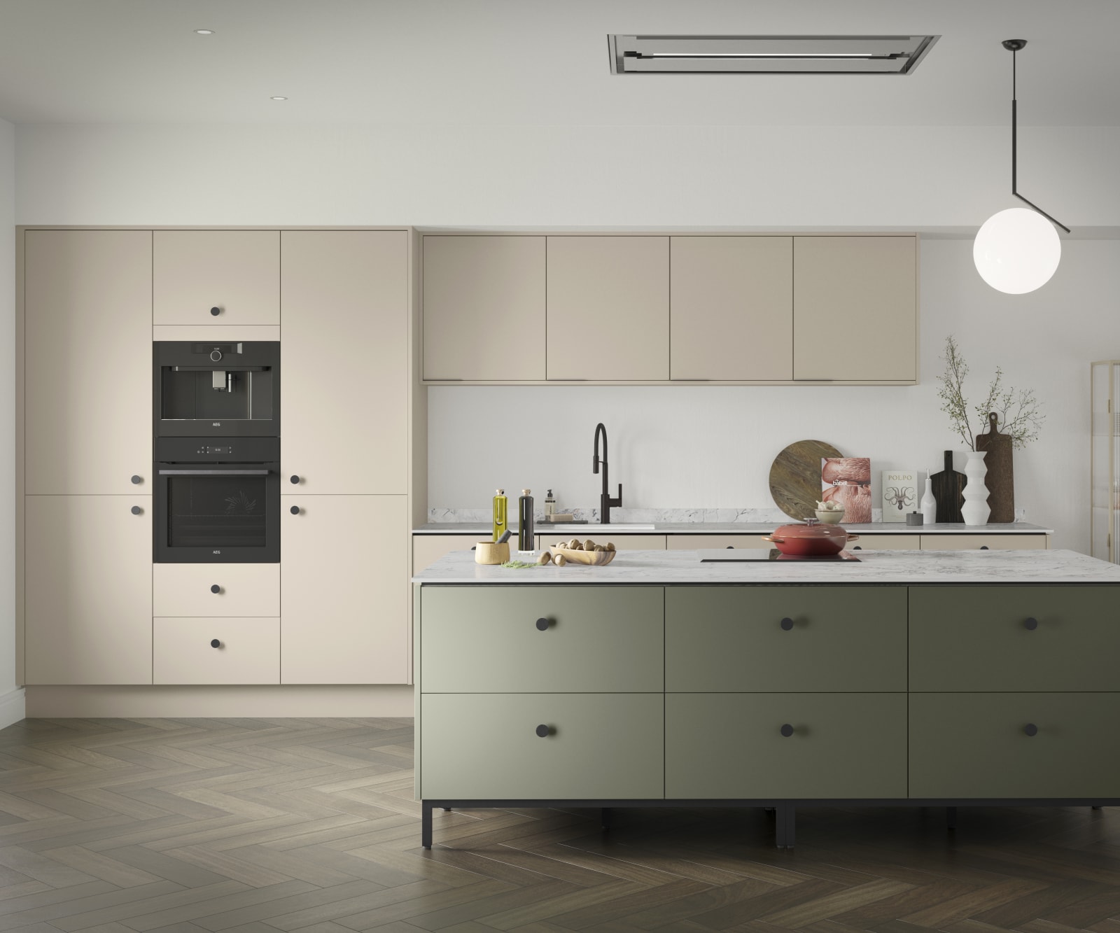 Soho Pebble path kitchen with Misty moors kitchen island, a premium painted slab door from Magnet.