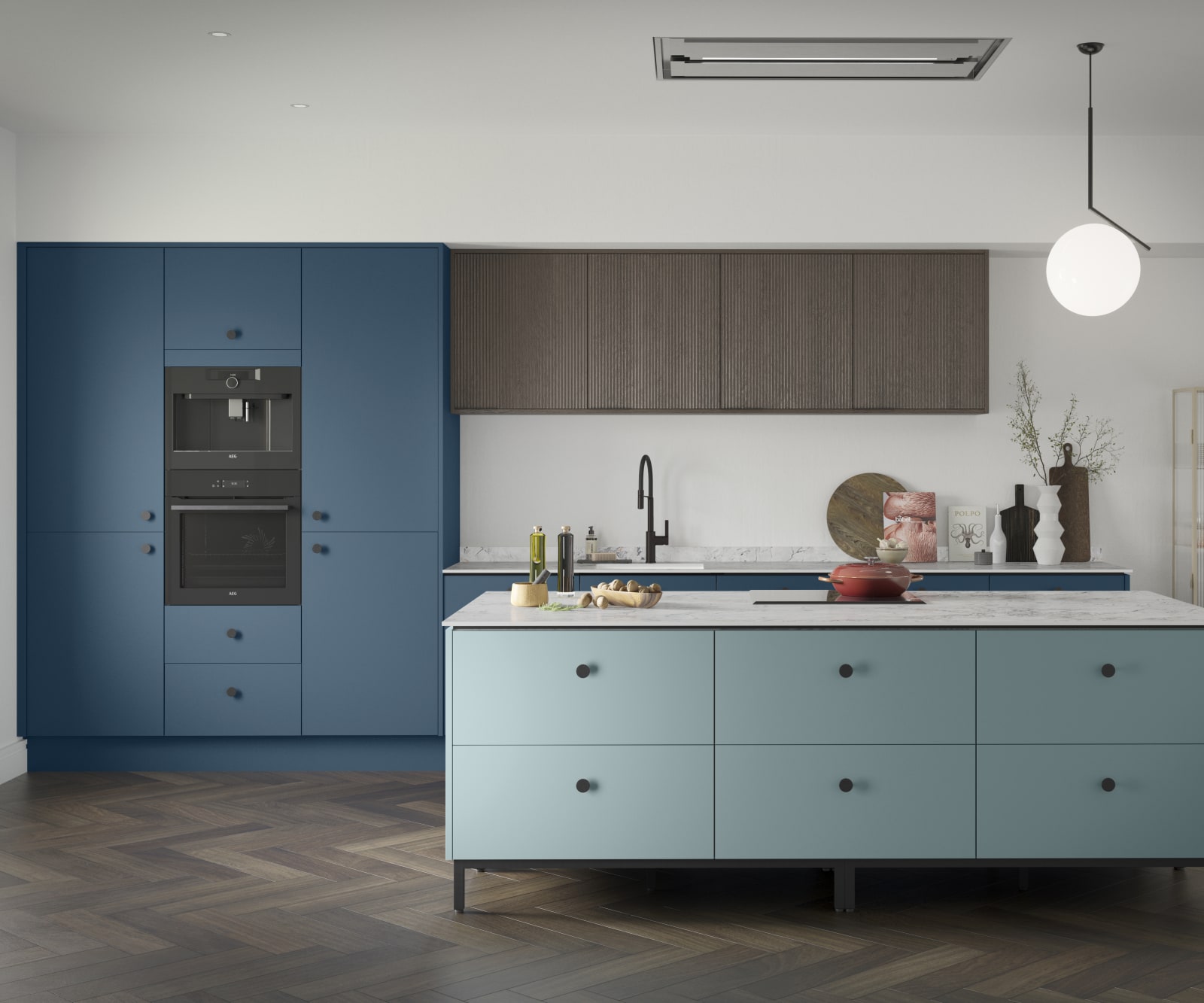 Soho Voyage Blue kitchen with fluted wood Nordic Nature wall cabinets and Soho Sky kitchen island, a premium painted slab front.