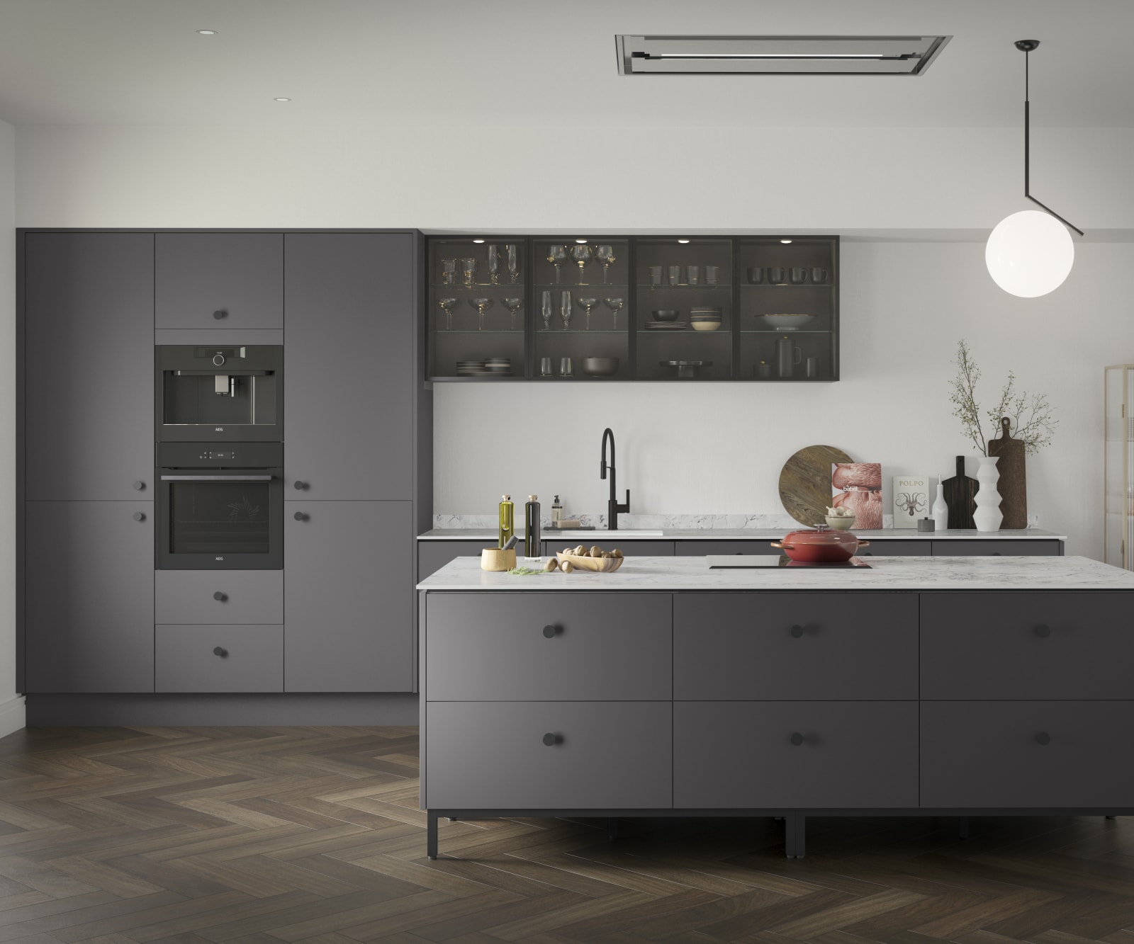 Soho Charcoals kitchen, a premium painted slab door from Magnet, with fluted glass Nordic Nature wall cabinets.