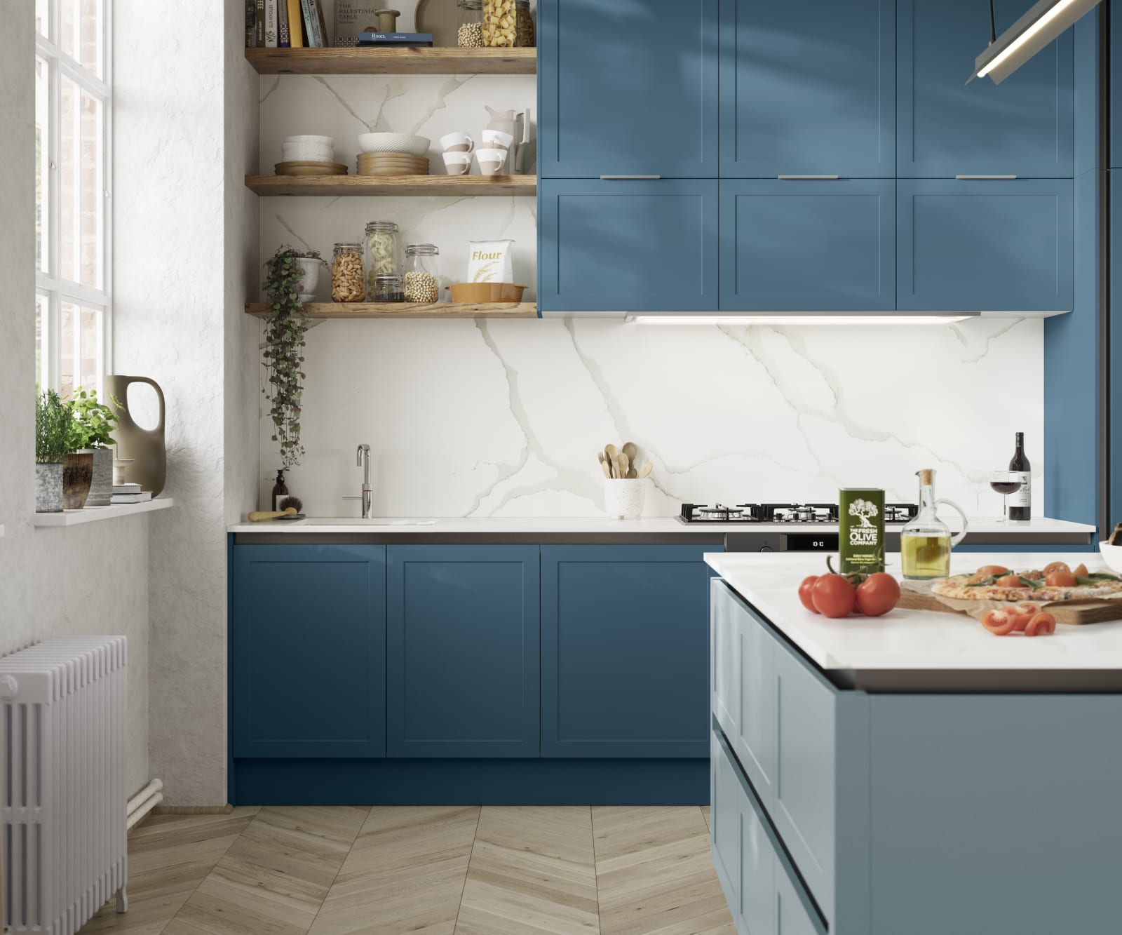 Integra Dunham from Magnet is a handleless shaker frontal, here shown in shades Voyage Blue and Sky.