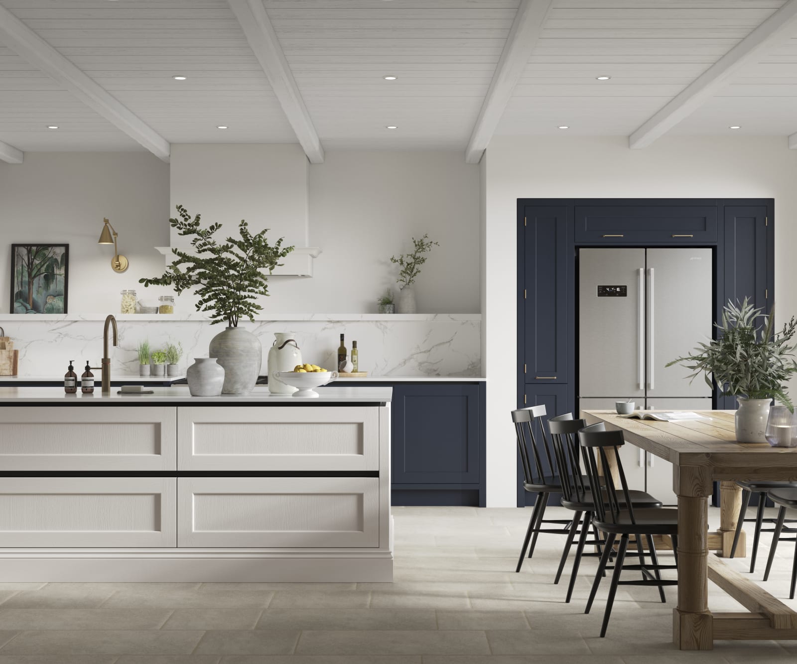 Integra Ludlow in shades Dove Grey and Midnight, a contemporary take on a Shaker kitchen, where the premium frontal features panelled doors with integrated handles.