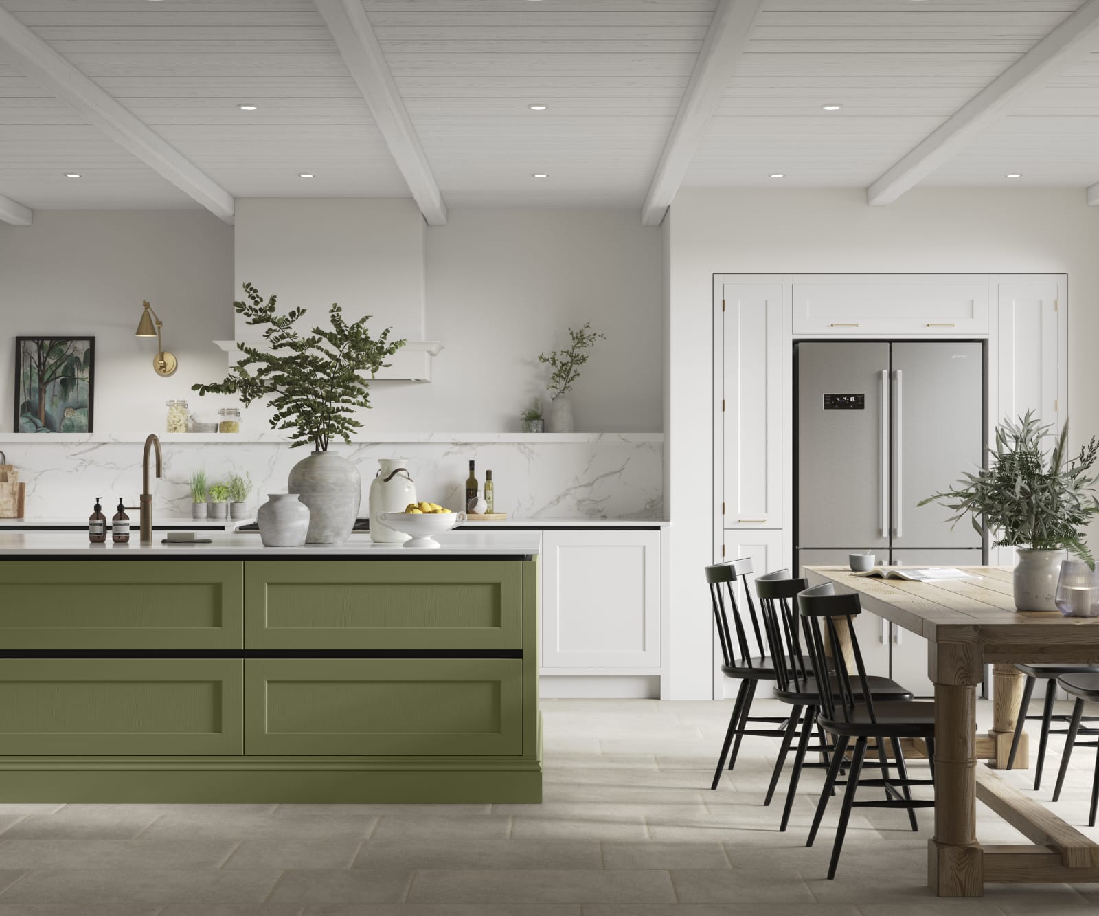 Integra Ludlow in shades Green olives and Fresh Linen, a contemporary take on a Shaker kitchen, where the premium frontal features panelled doors with integrated handles.