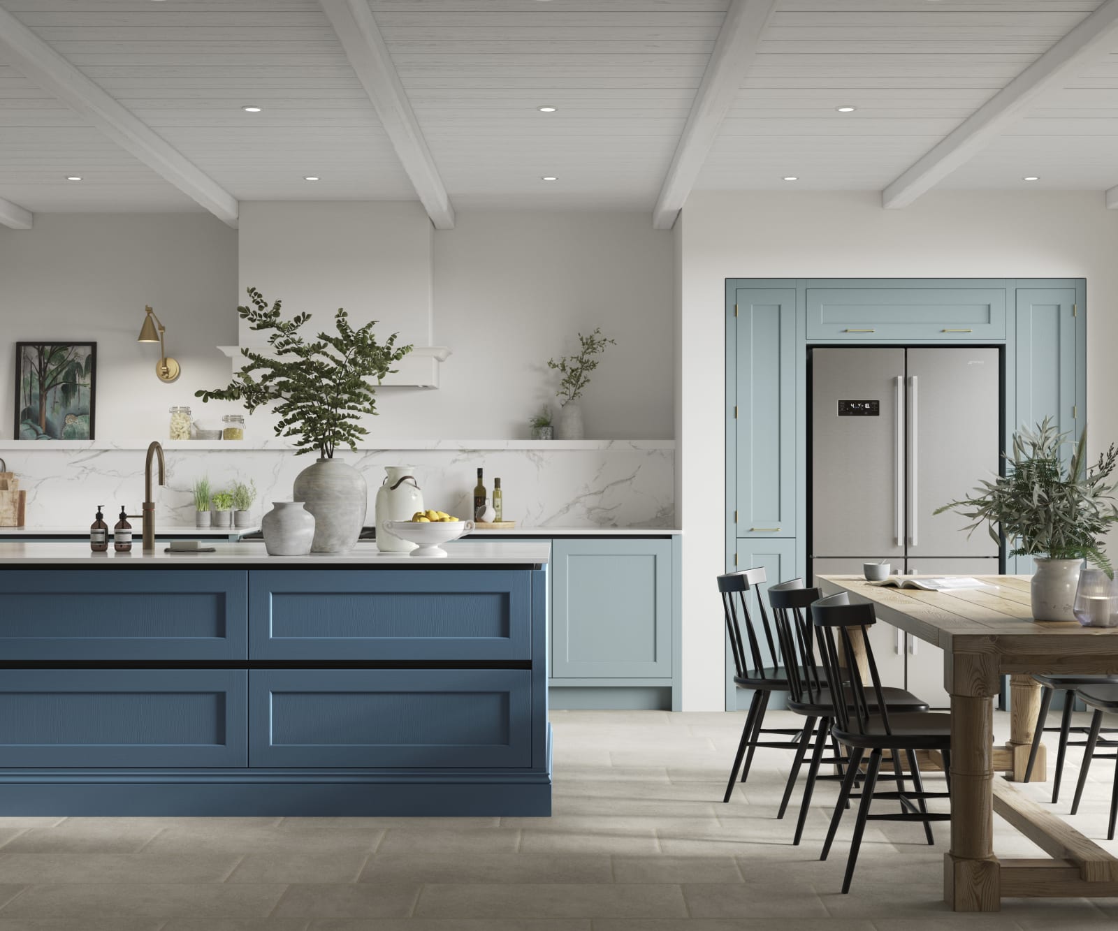 Integra Ludlow in shades Sky and Voyage Blue, a contemporary take on a Shaker kitchen, where the premium frontal features panelled doors with integrated handles.