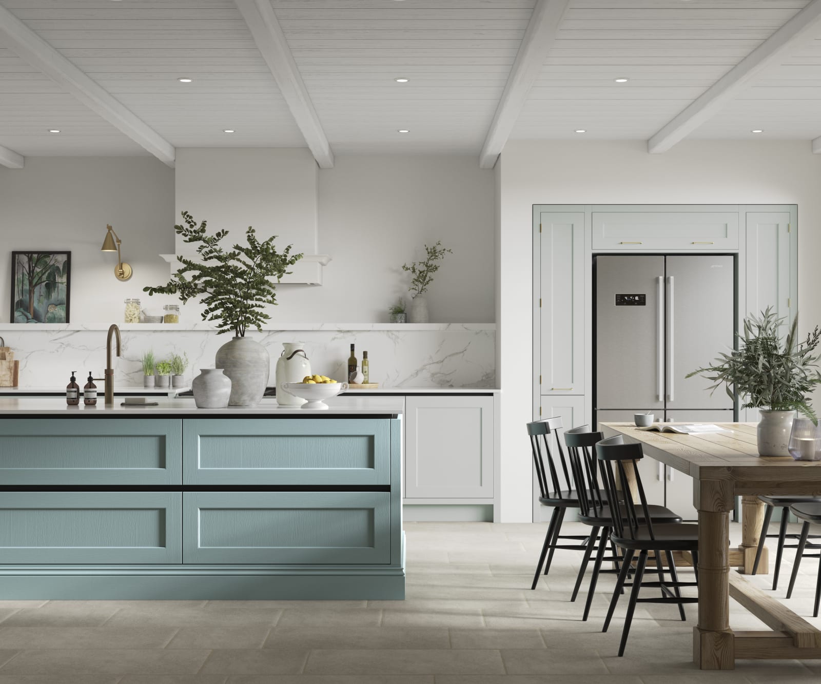 Integra Ludlow in shades Washed cotton and Morris Blue, a contemporary take on a Shaker kitchen, where the premium frontal features panelled doors with integrated handles.