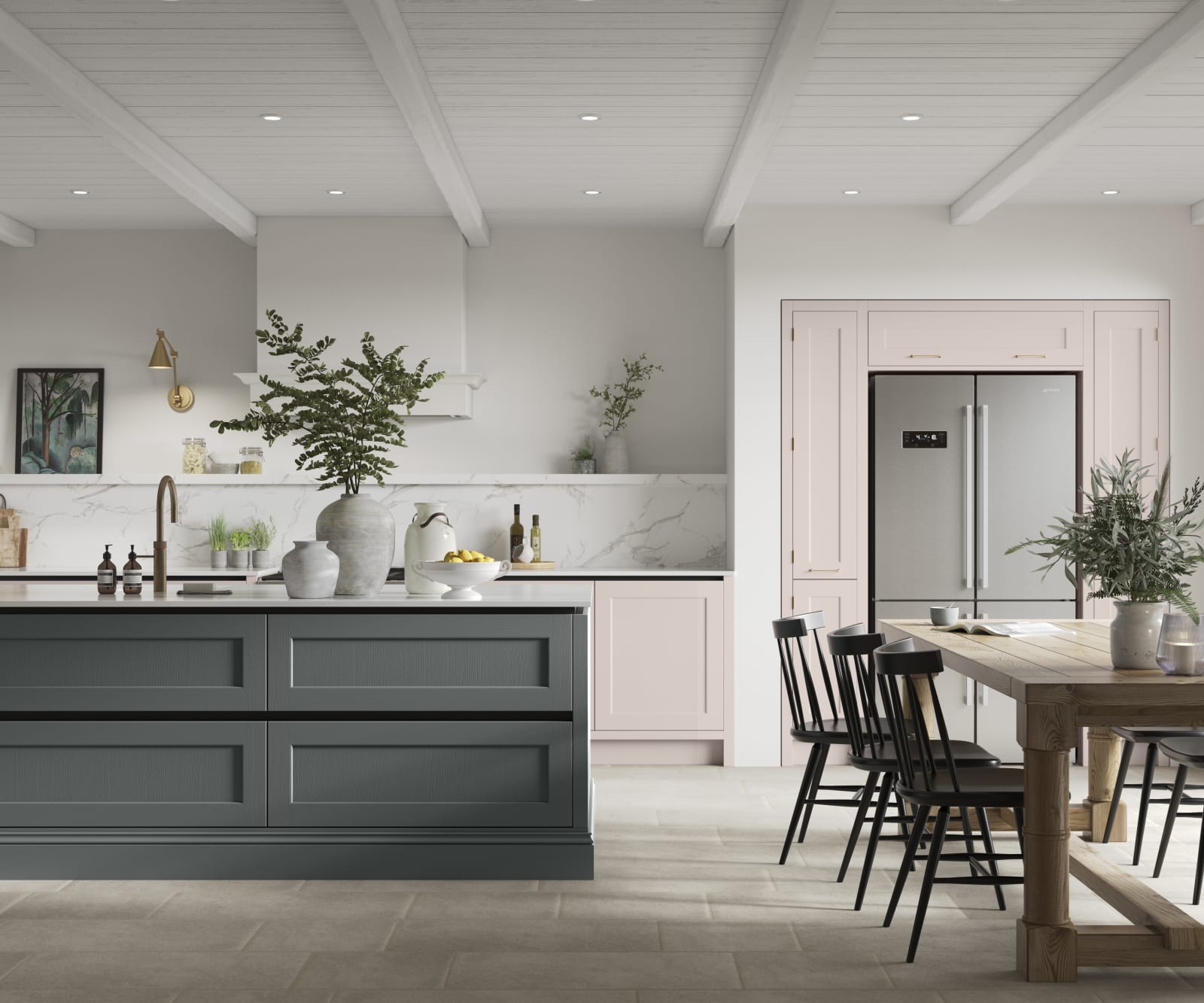 Integra Ludlow in shades Lilac Blossom and Arboretum Green, a contemporary take on a Shaker kitchen, where the premium frontal features panelled doors with integrated handles.