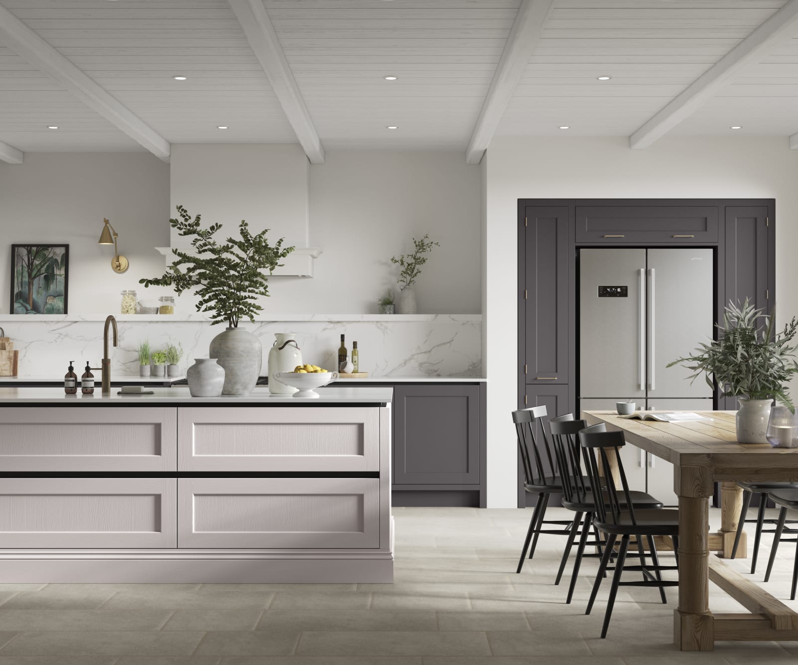 Integra Ludlow in shades Cashmere Sweater and Charcoals, a contemporary take on a Shaker kitchen, where the premium frontal features panelled doors with integrated handles.