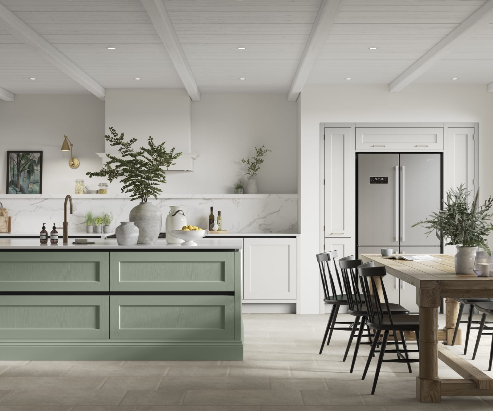 Integra Ludlow in shades Eucalyptus and Fresh Linen, a contemporary take on a Shaker kitchen, where the premium frontal features panelled doors with integrated handles.