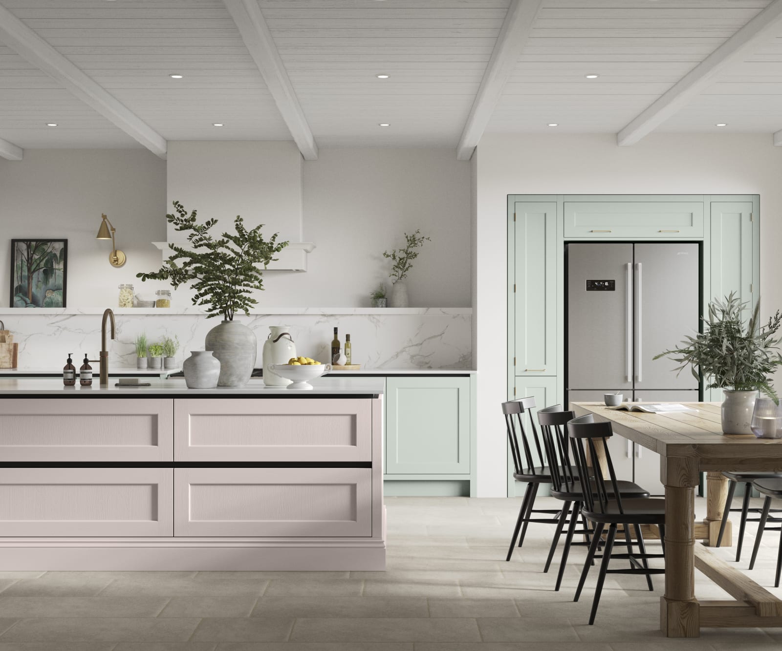 Integra Ludlow in shades Seagrass and Rose bowl, a contemporary take on a Shaker kitchen, where the premium frontal features panelled doors with integrated handles.