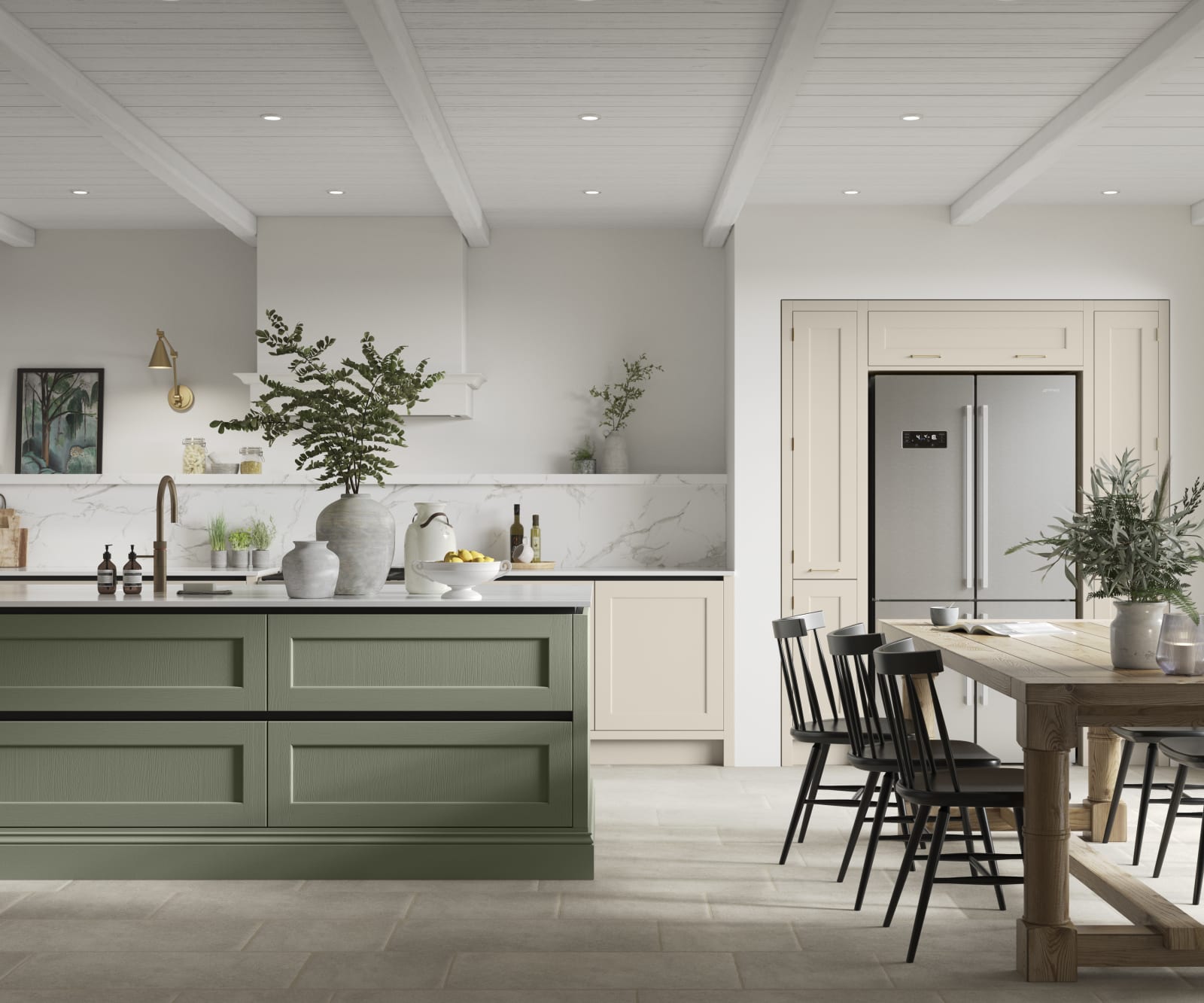 Integra Ludlow in shades Pebble path and Misty moors , a contemporary take on a Shaker kitchen, where the premium frontal features panelled doors with integrated handles.