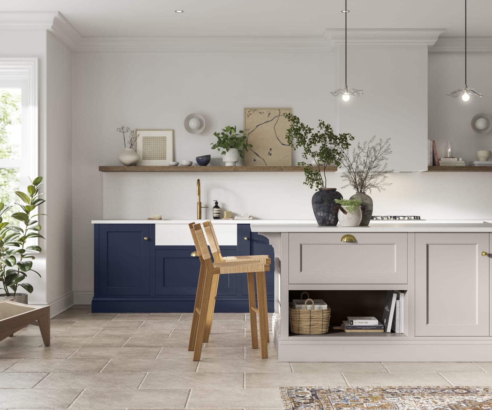 Traditional Shaker-style kitchen range in dark shade Midnight blue with a lighter Dove grey shade kitchen island.