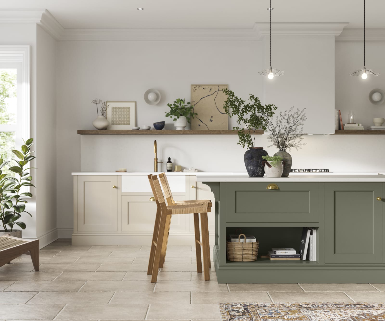 Traditional Shaker-style kitchen range in light shade Pebble path with a green Misty Moors kitchen island.