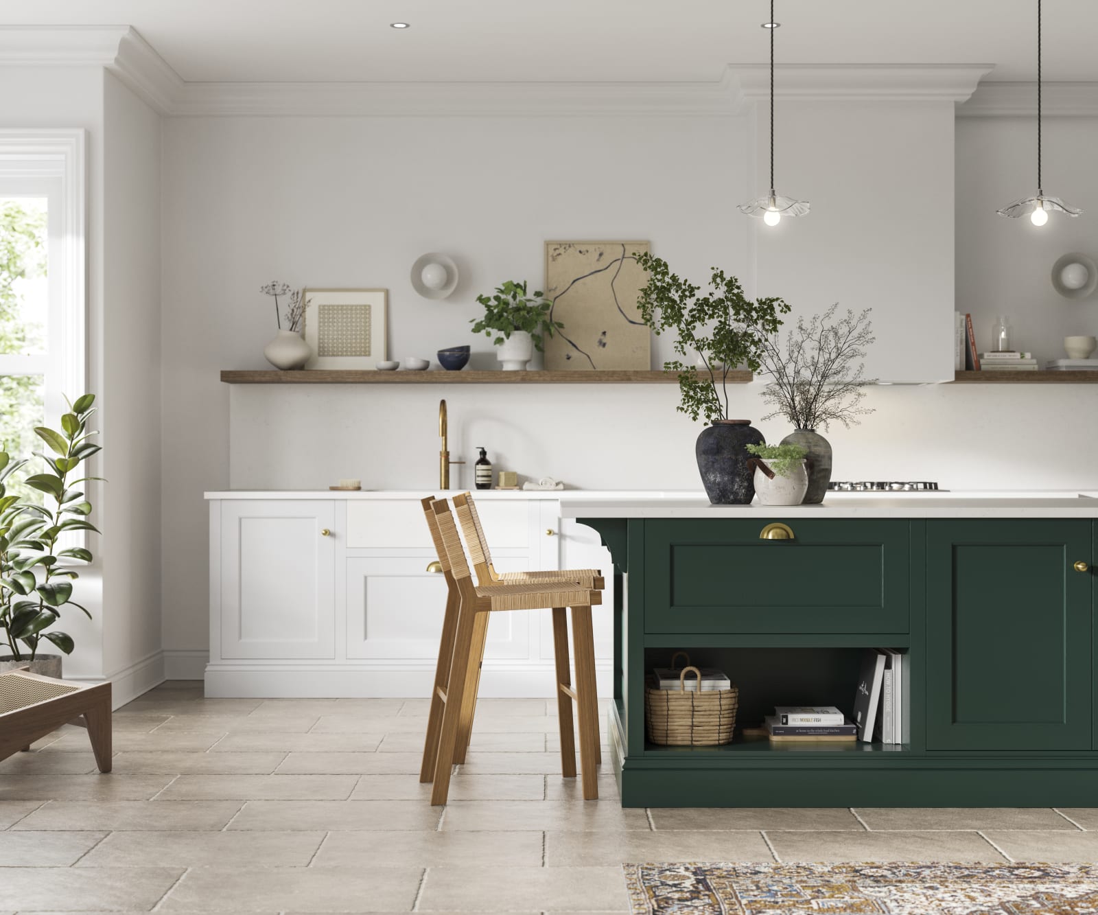 Ludlow, a traditional Shaker-style white kitchen with a Regency green kitchen island