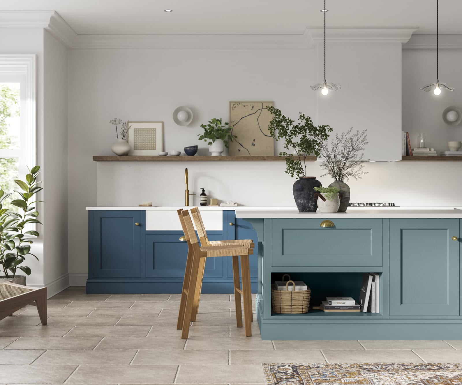 Ludlow in blue shades Sky and Voyage blue, a traditional Shaker-style kitchen range featuring panelled doors with visible woodgrain and beading detail.