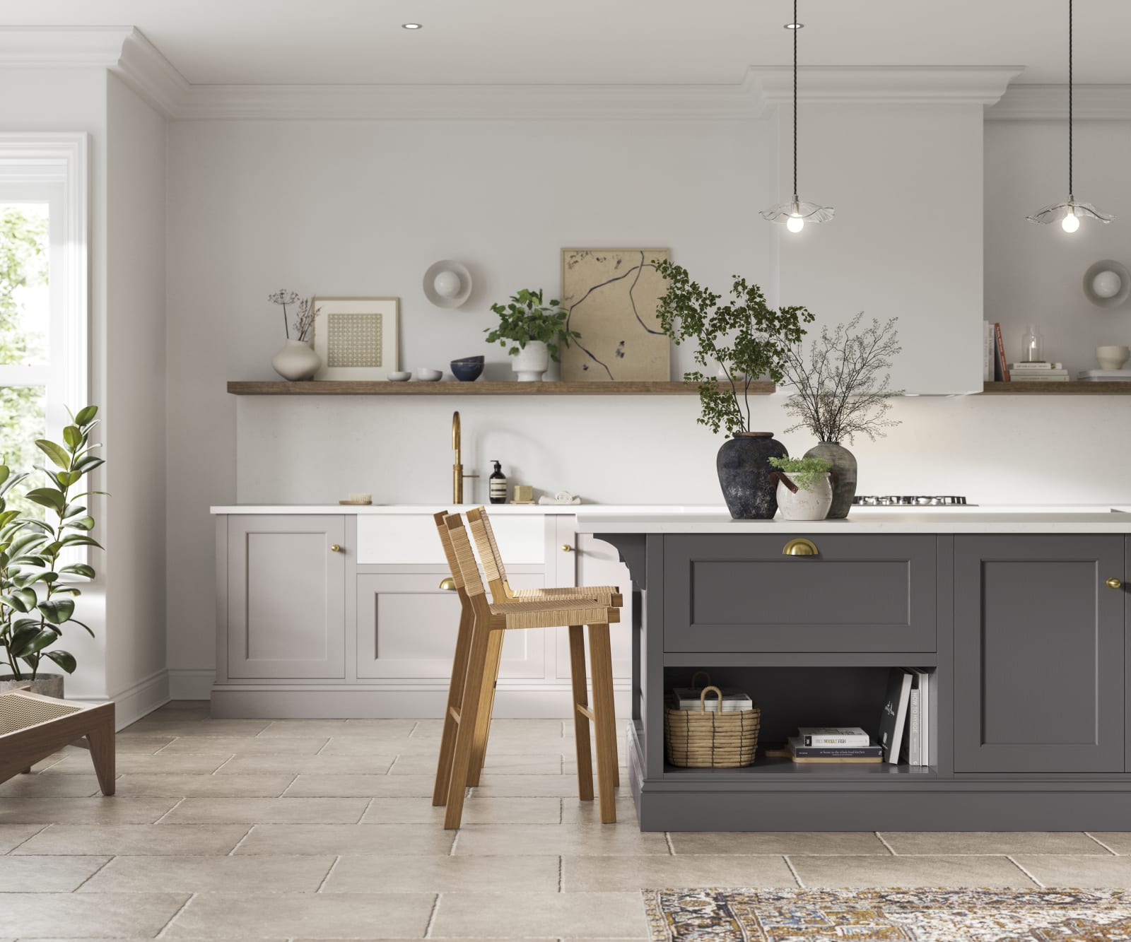 Traditional Shaker-style kitchen range in light shade Cashmere Sweater with a dark grey Charcoals kitchen island.