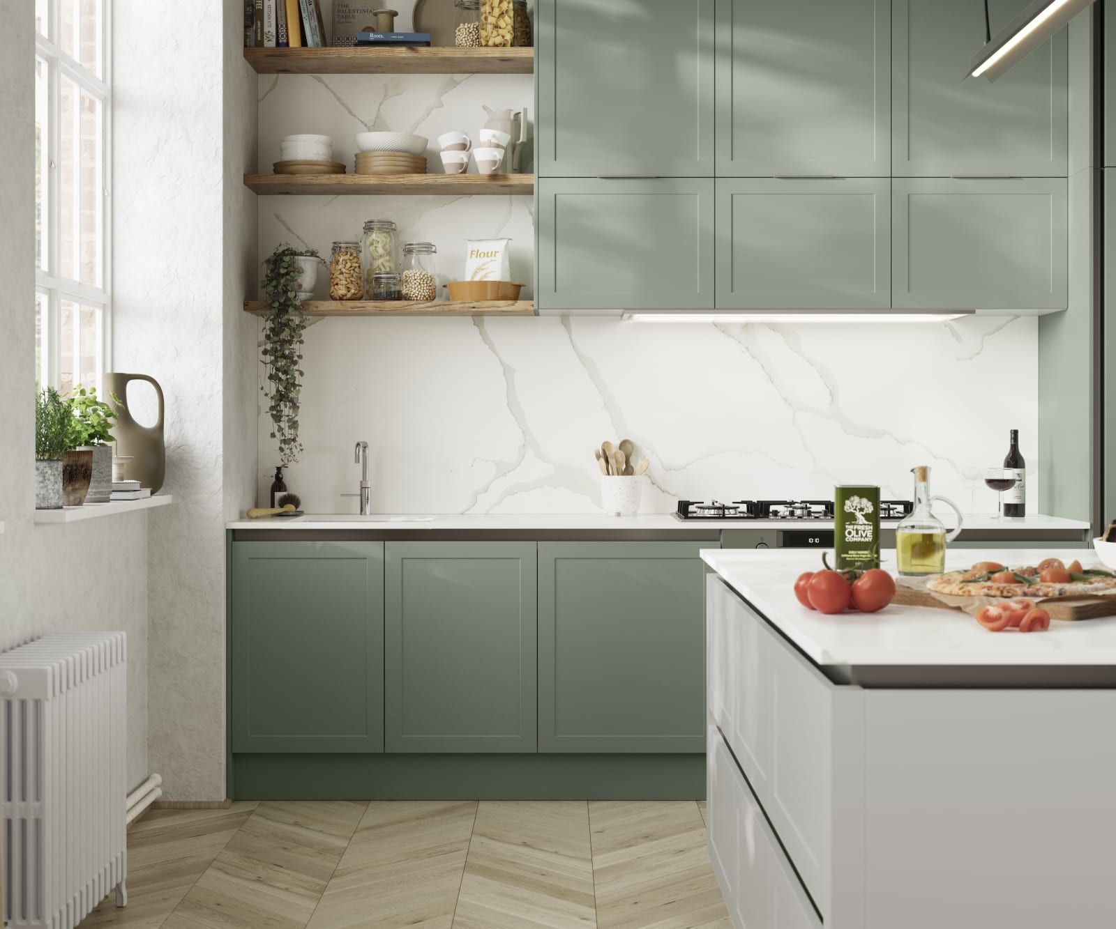 Integra Dunham from Magnet is a handleless shaker frontal, here shown in shades Eucalyptus and Fresh Linen.