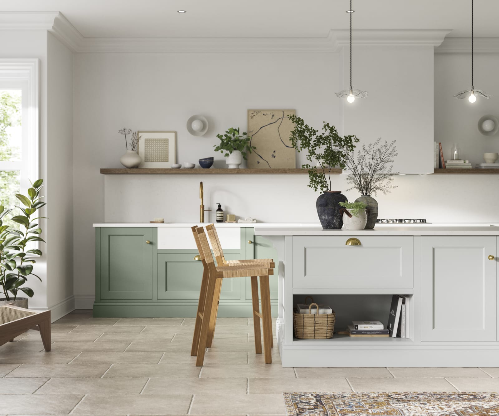 Traditional Shaker-style kitchen range in Eucalyptus Green with a light grey Fresh Linen shade kitchen island.