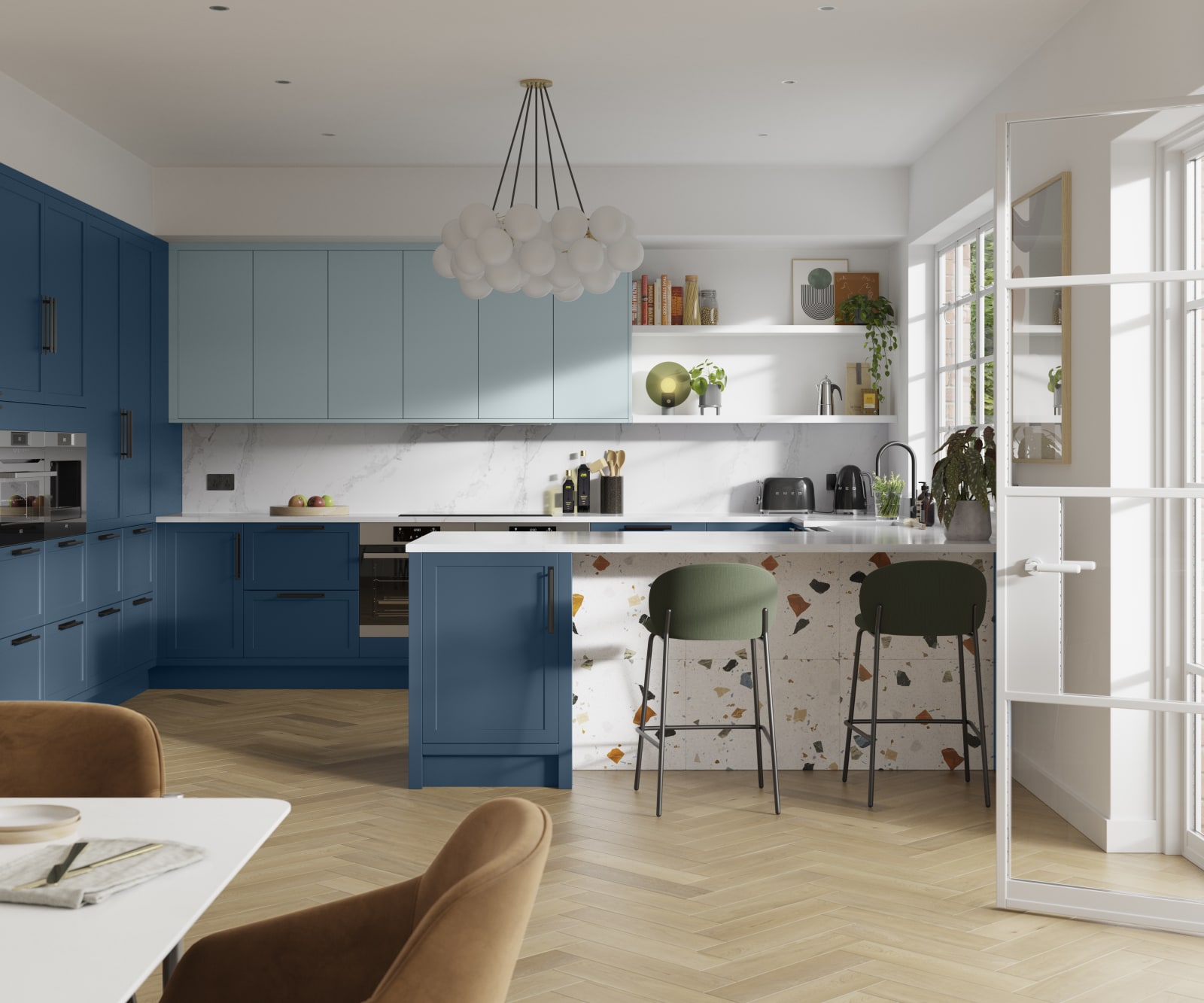 Contemporary kitchen design with Magnets Voyage blue Dunham kitchen, its thin frame and smooth painted finish with no visible woodgrain