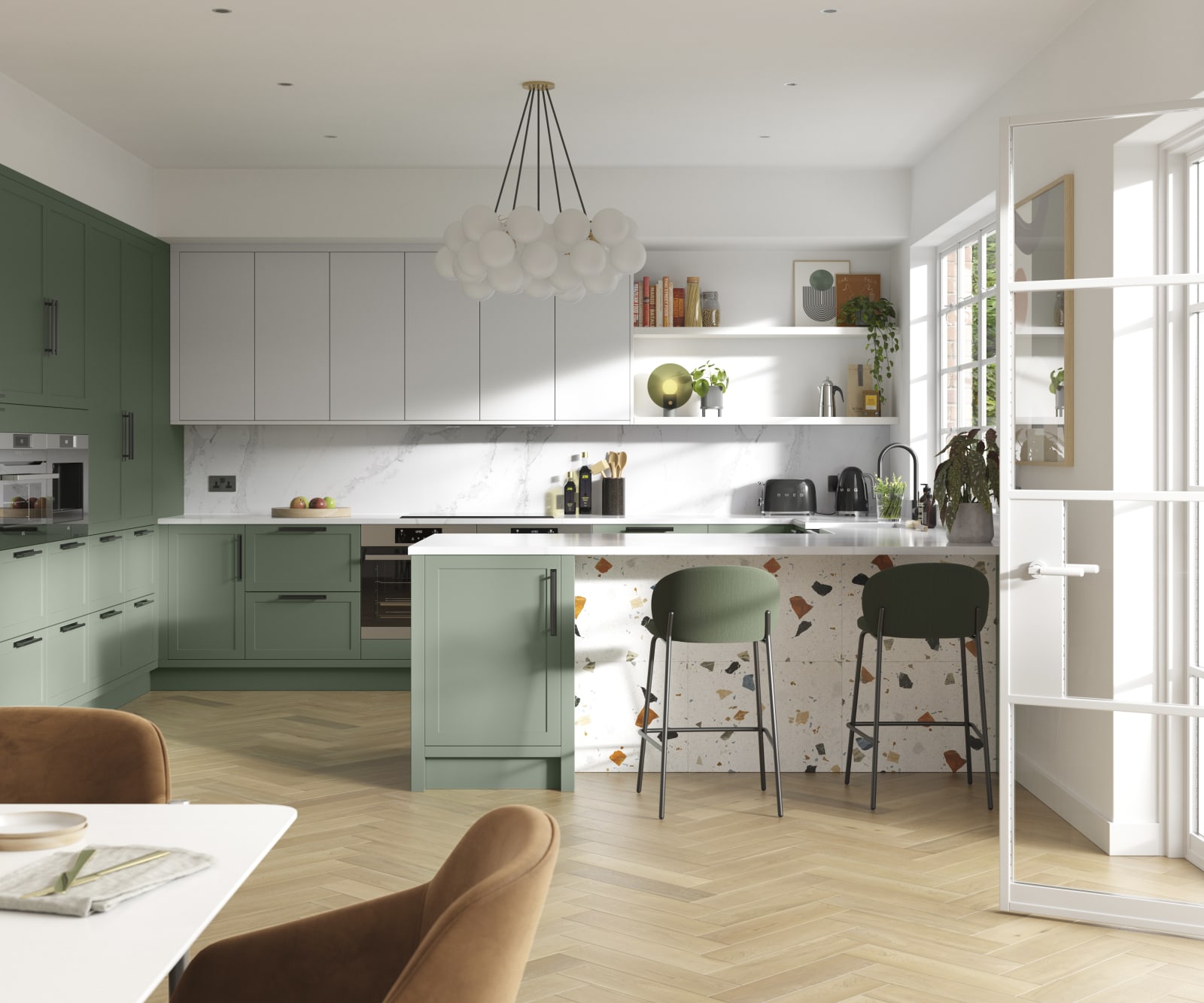 Dunham in Eucalyptus Green and Fresh Linen has a thin frame and smooth painted finish with no visible woodgrain, providing a contemporary feel to a traditional look.