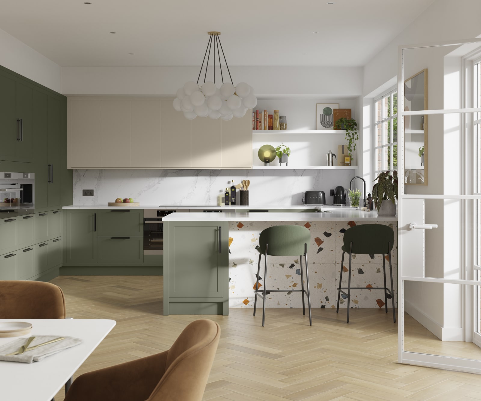 Contemporary kitchen Dunham in shades Misty Moors and Pebble Path paired with a colourful matching terrazzo decor