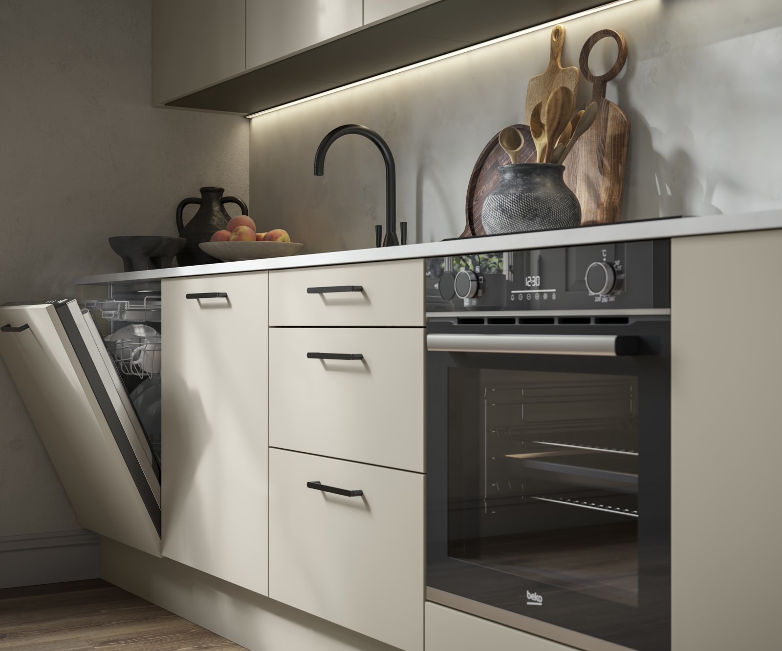 Modern kitchen design with a lightweight wood-effect finish