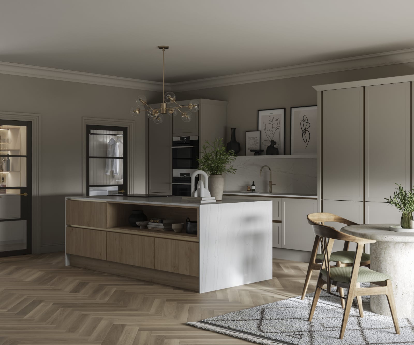 Integra Ascoli Pebble kitchen with Natural oak kitchen island. Neutral kitchen with earh tones in interior and decorations.