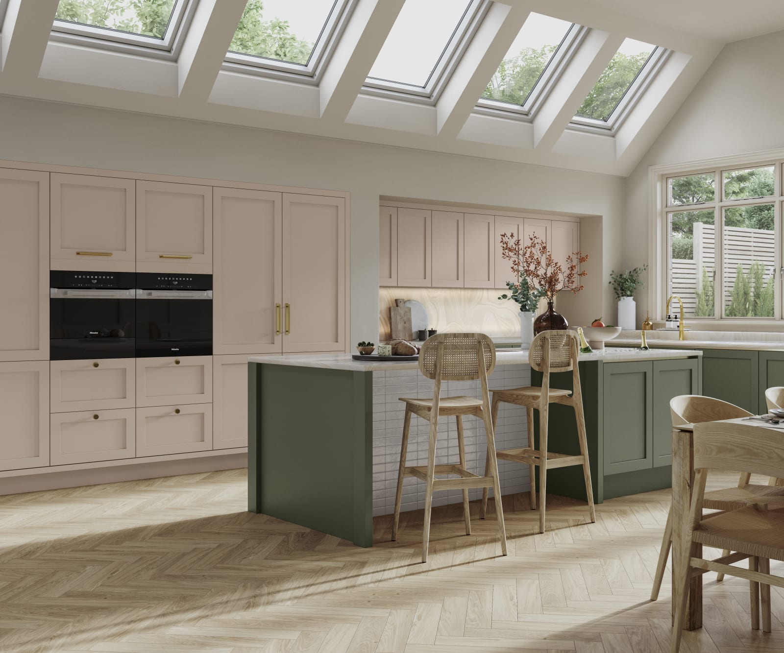 Integra Wardley in shades Rose Bowl and Misty Moors in an elegant, contemporary Shaker kitchen.