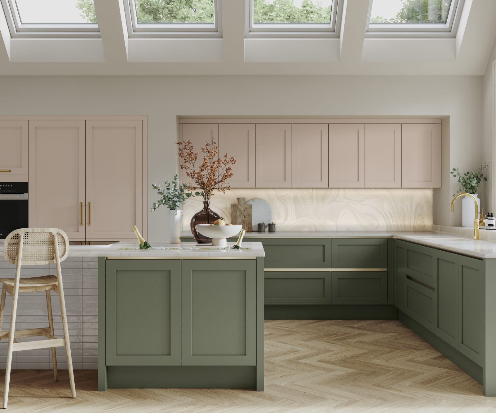 Integra Wardley has a narrow framing and integrated handles, on a painted timber finish, bringing this classic kitchen style up to date – for an elegant, contemporary Shaker kitchen.