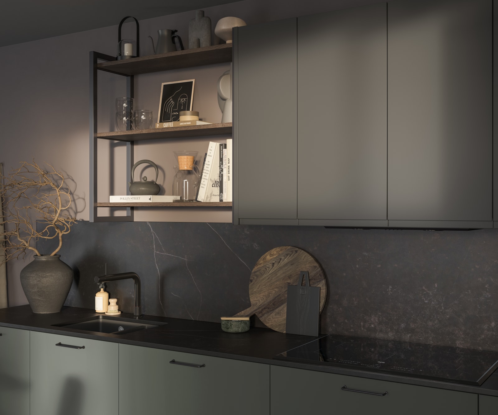 Close-up of worktop, wall cabinets in Nova Laurel green, the smooth slab door in matt finish, and open shelves decorated with ceramics in earth tones.