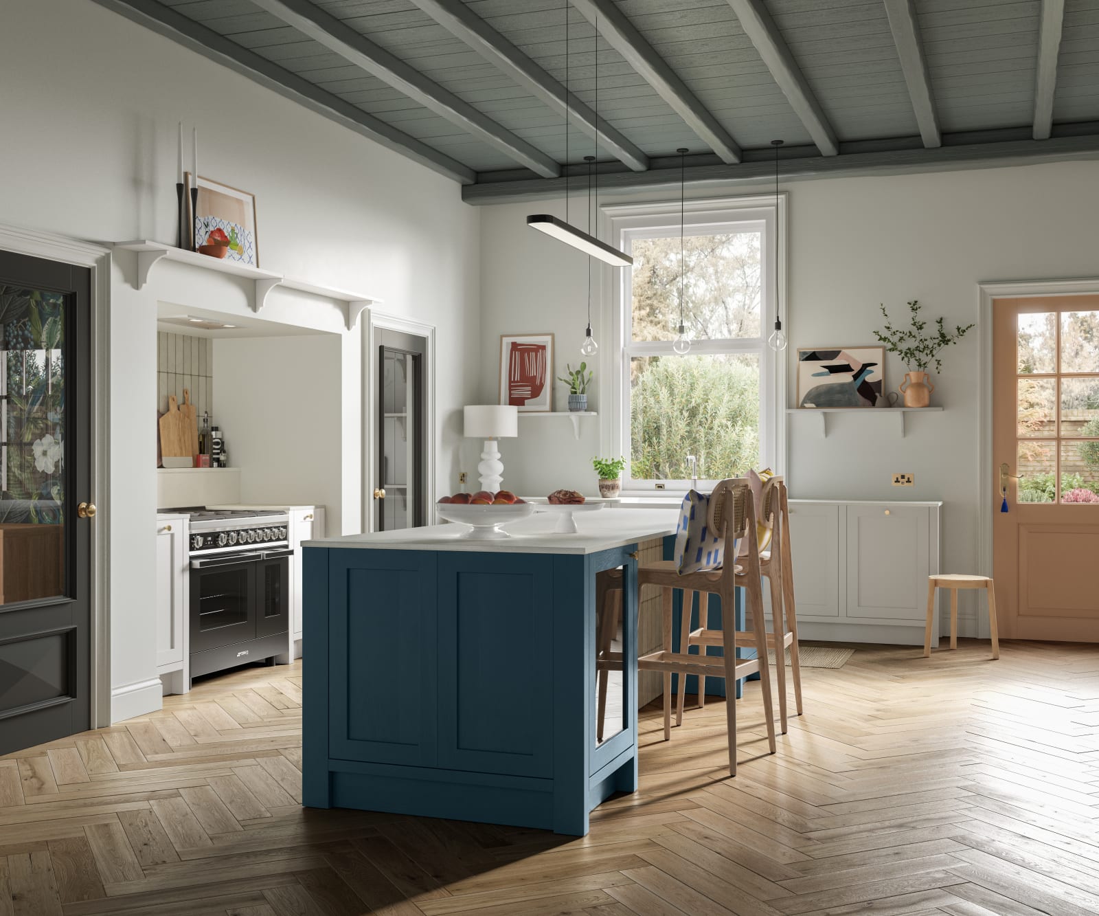 Traditional shaker kitchen Wardley with modern shades and decorations. A blue kitchen island.