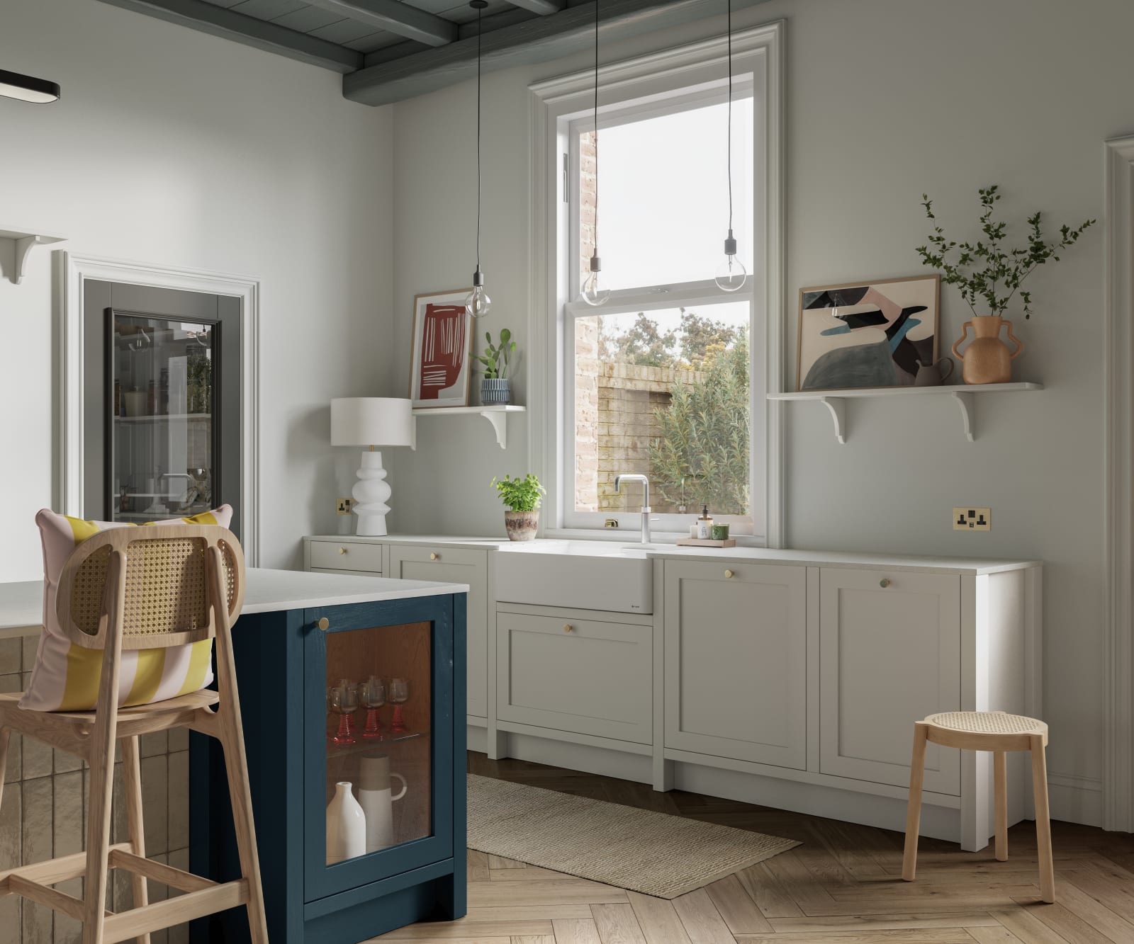 Traditional shaker kitchen Wardley with modern shades and decorations. A blue kitchen island.