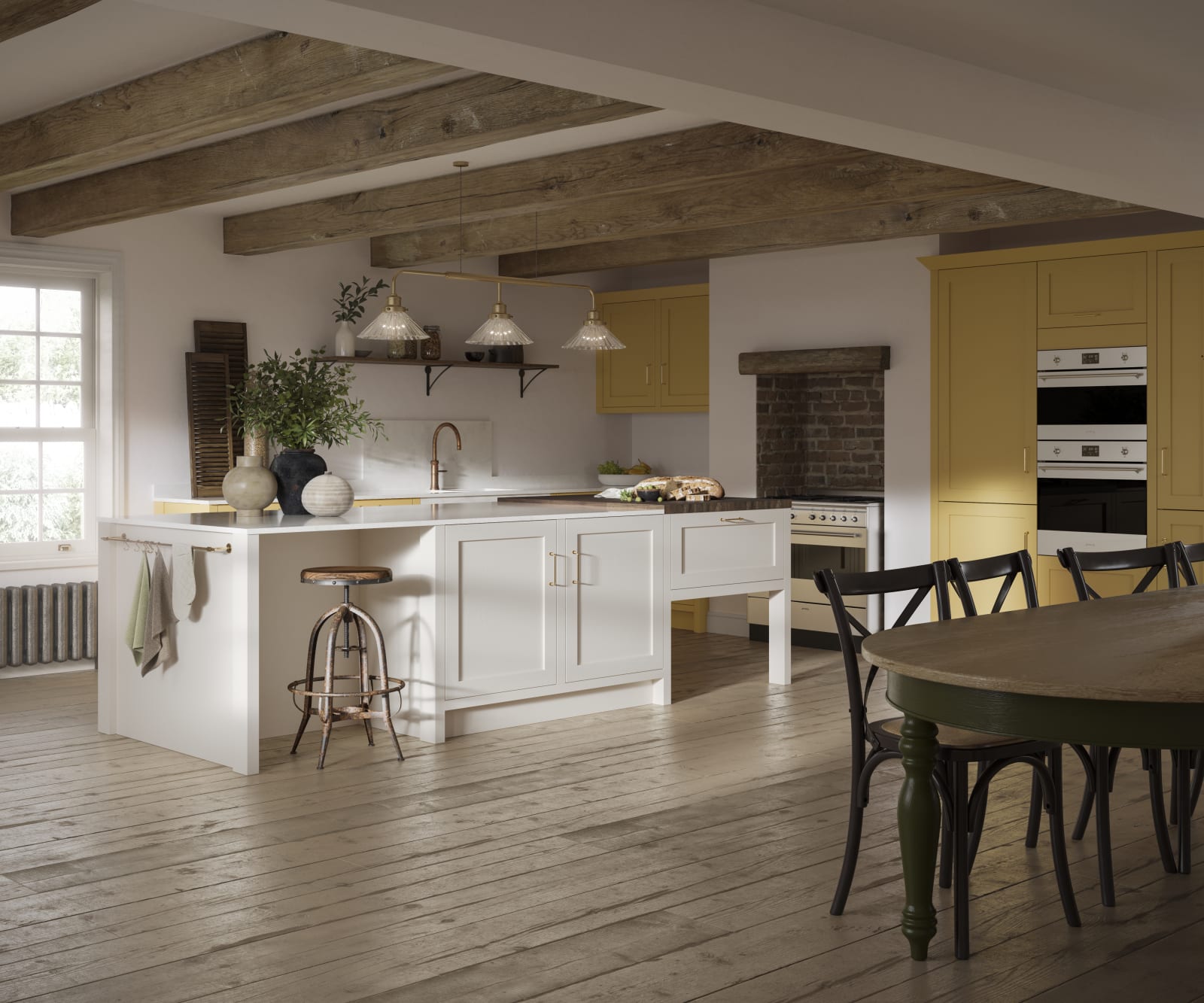 Alt text: Open floorplan shaker kitchen in the bright and beautiful yellow shade Harvest, paired with a kitchen island with matching frame door cabinets in the shade Limestone.