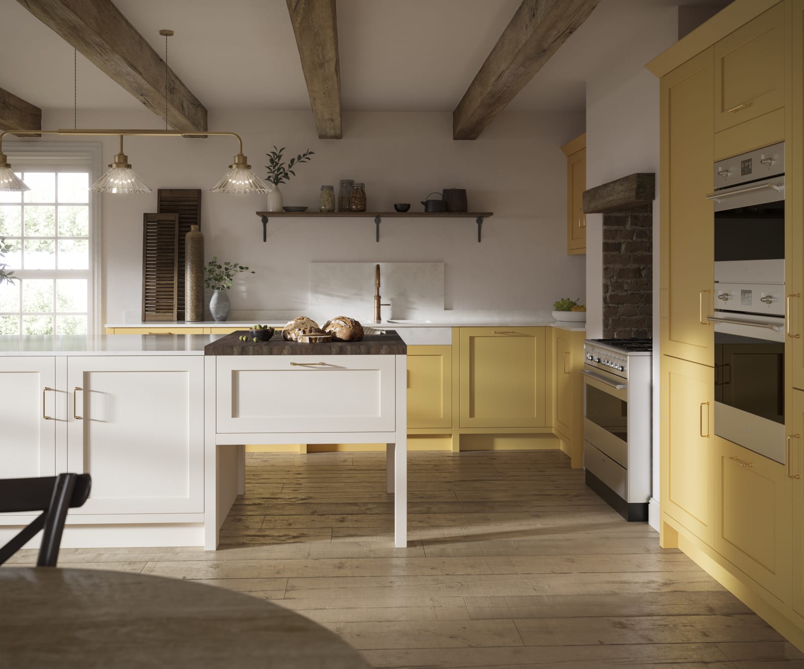 Open floorplan shaker kitchen in the bright and beautiful yellow shade Harvest, paired with a kitchen island with matching frame door cabinets in white.