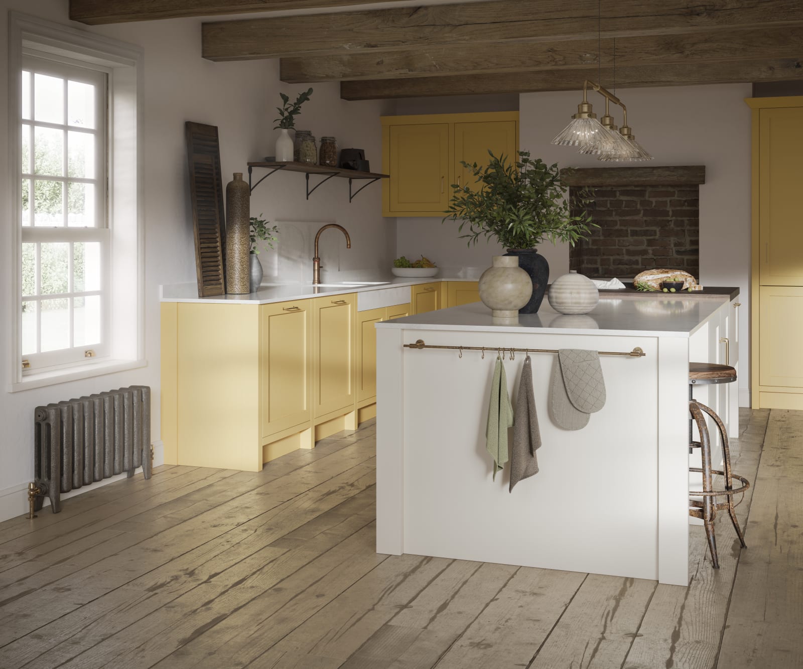 Alt text: Open floorplan shaker kitchen in the bright and beautiful yellow shade Harvest, paired with a kitchen island with matching frame door cabinets in the shade Limestone.