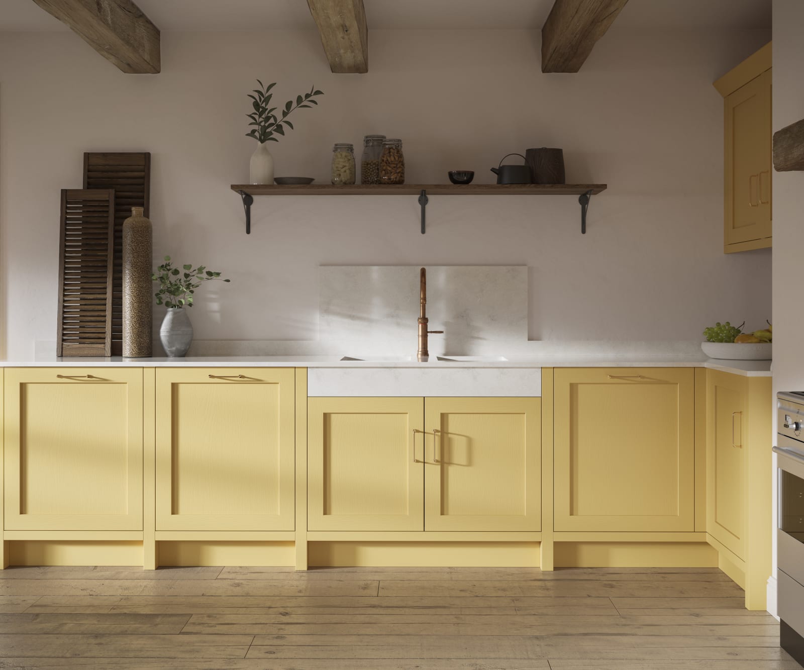 Shaker kitchen in the bright and beautiful yellow shade Harvest, paired with open wooden shelf and a marbled worktop.