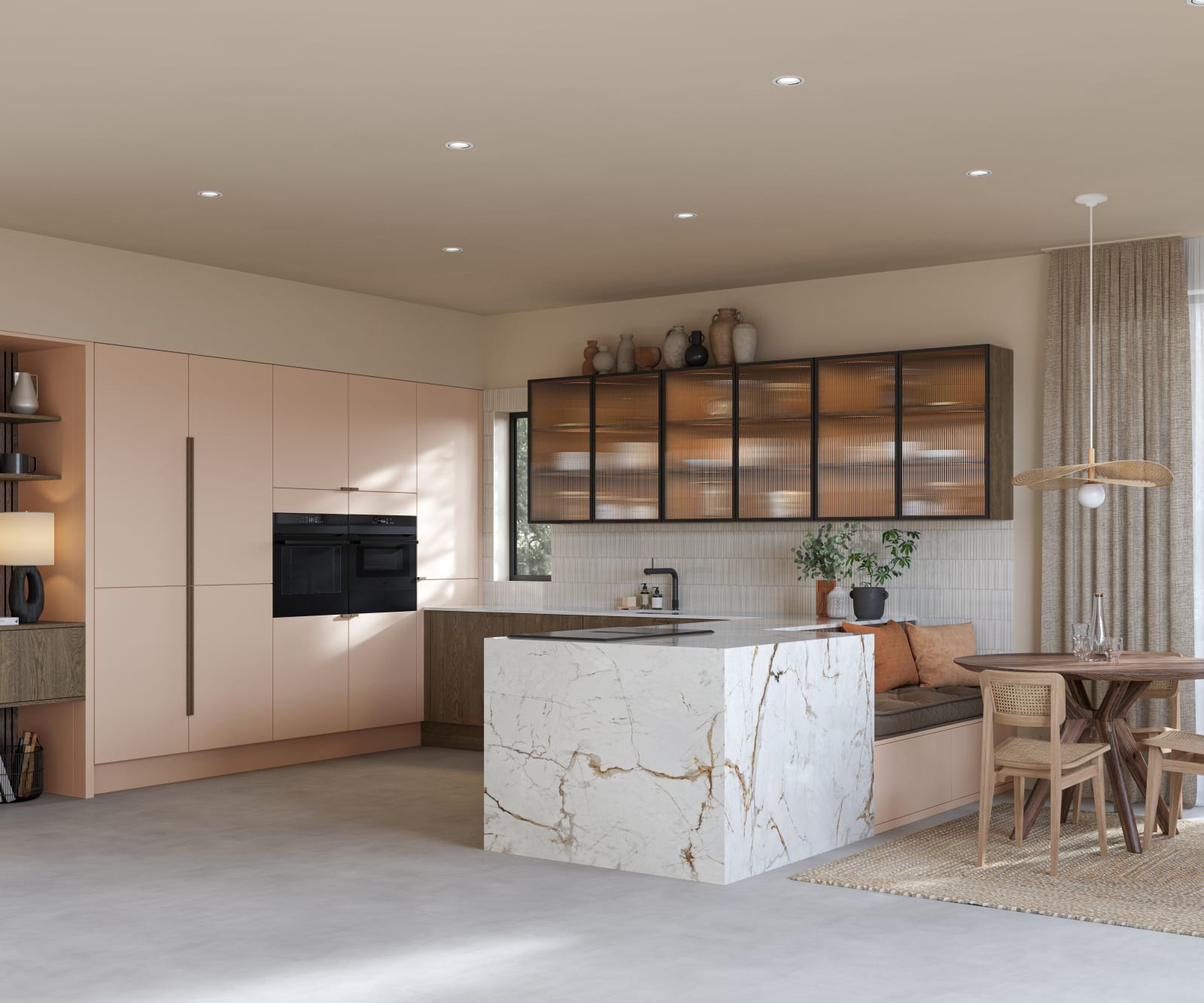 Full room view of open plan kitchen Soho Chalk Blush, matched with fluted glass display cabinets and oak front cabinetry in Nordic Nature.