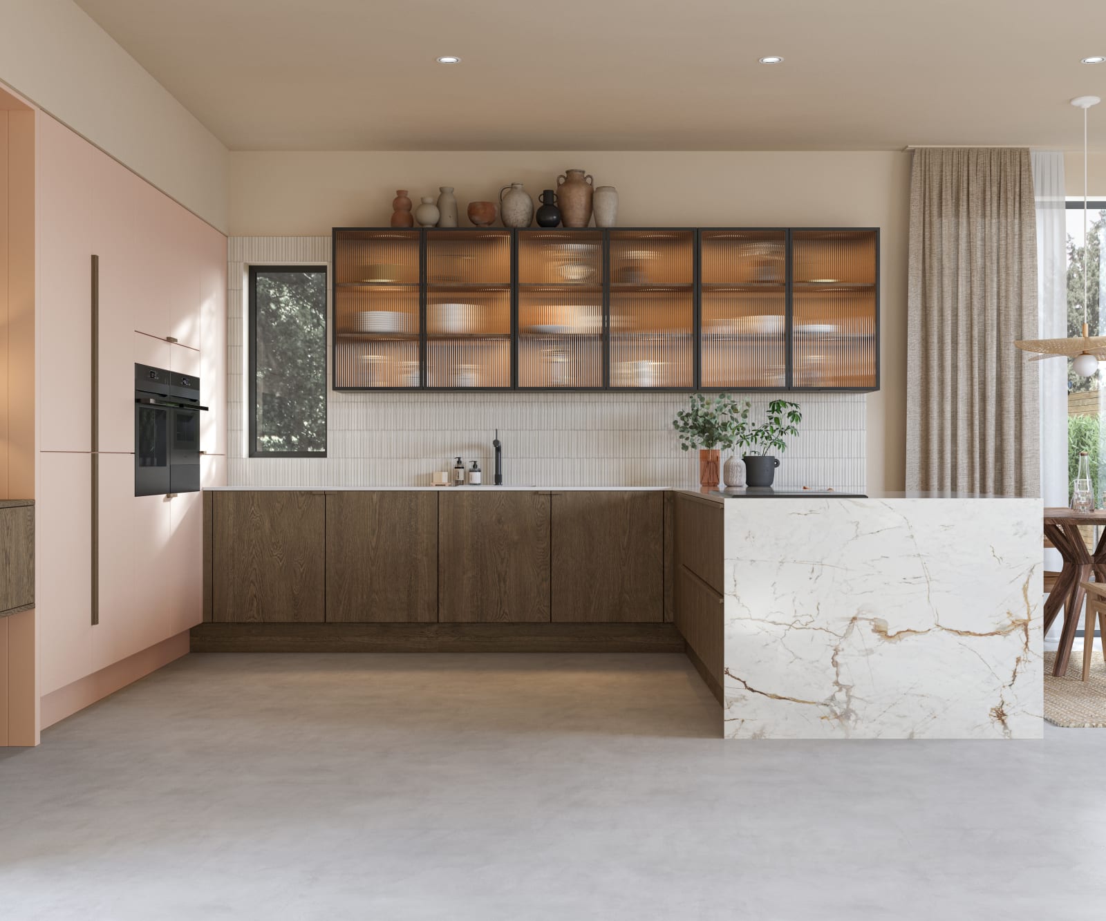 Soho cabinets in shade Chalk Blush, matched with fluted glass display cabinets and oak front cabinetry in Nordic Nature.