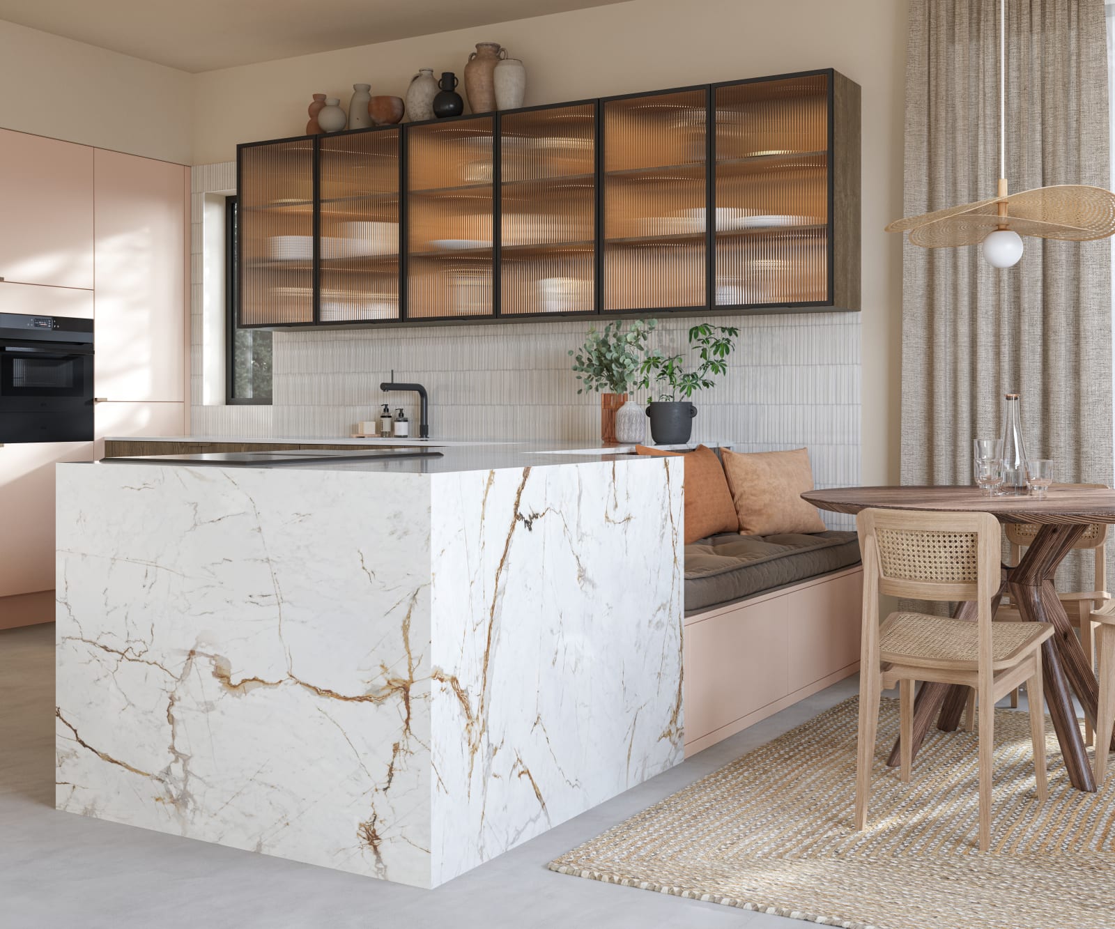 Kitchen island with marble worktop and matching marble decor sides as well as seating in Soho Chalk Blush and Nordic Nature from Magnet.