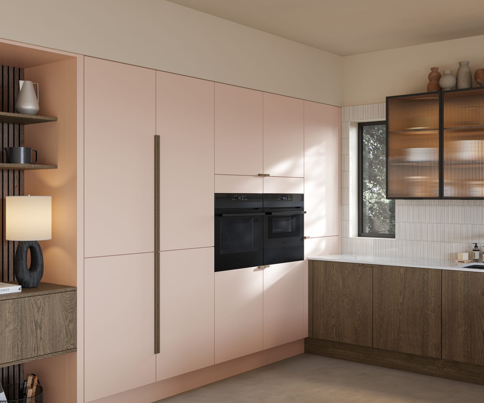 Soho cabinets in shade Chalk Blush, matched with fluted glass display cabinets and oak front cabinetry in Nordic Nature.