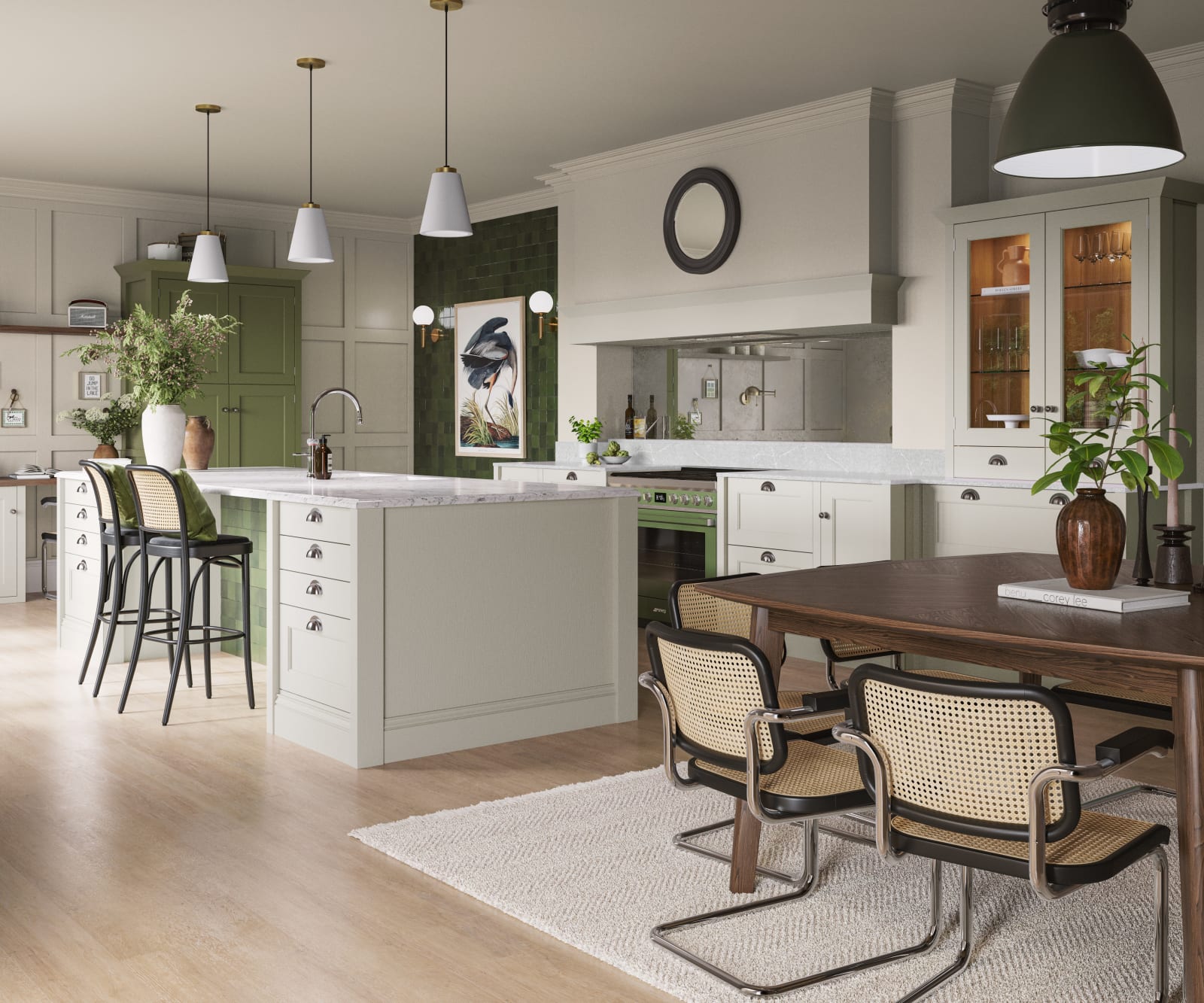 Traditional Shaker-style kitchen range featuring panelled doors with visible woodgrain and beading detail